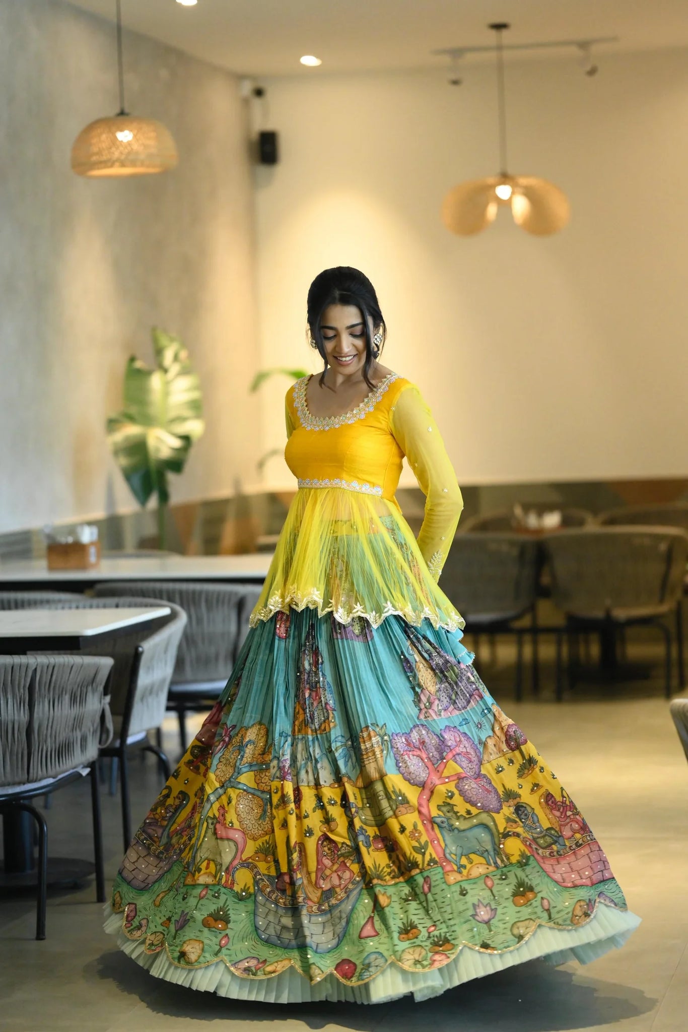 YELLOW AND BLUE KALAMKARI LEHENGA