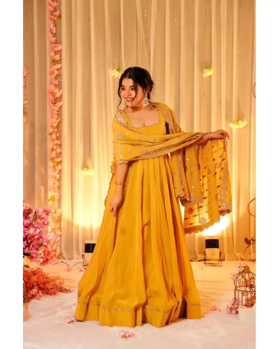 BEAUTIFUL HALDI SPECIAL HEAVY ROMAN SILK BASE GOWN WITH DUPATTA