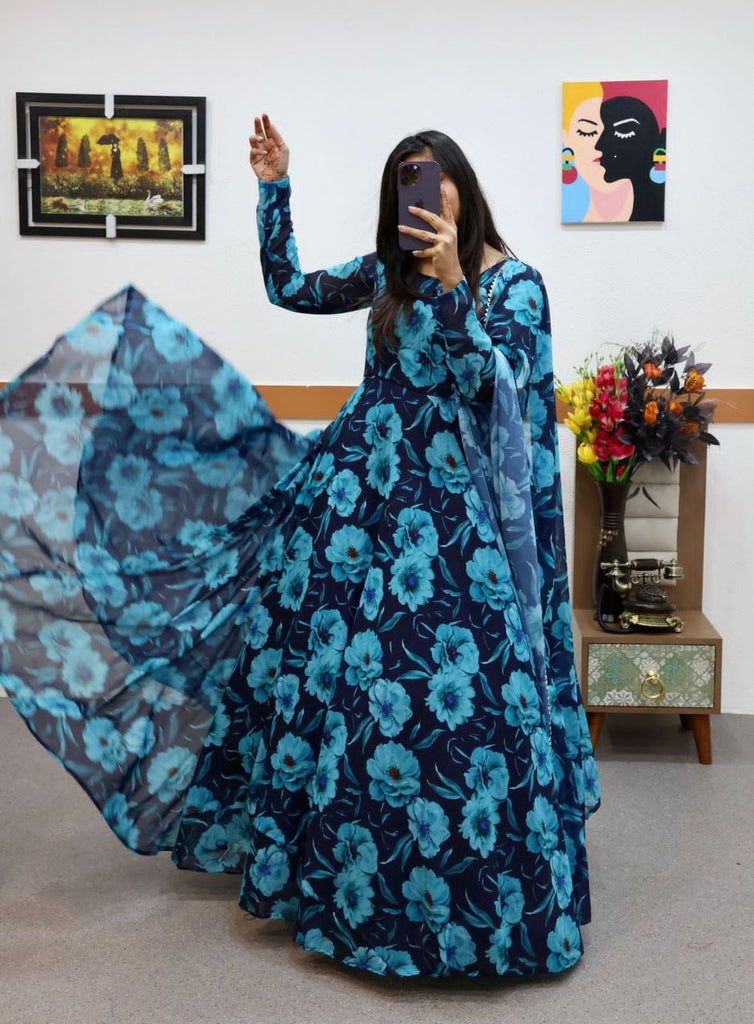 Blue Faux Georgette Floral Dream Anarkali Gown with Digital Print