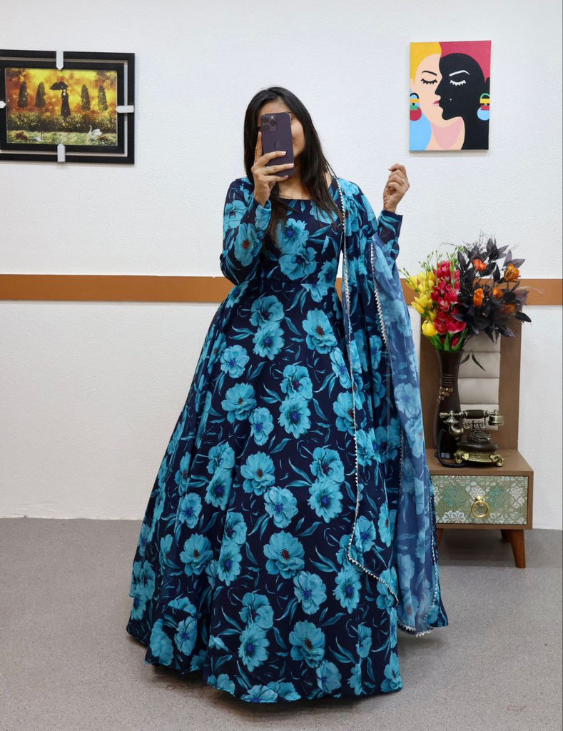 Blue Faux Georgette Floral Dream Anarkali Gown with Digital Print