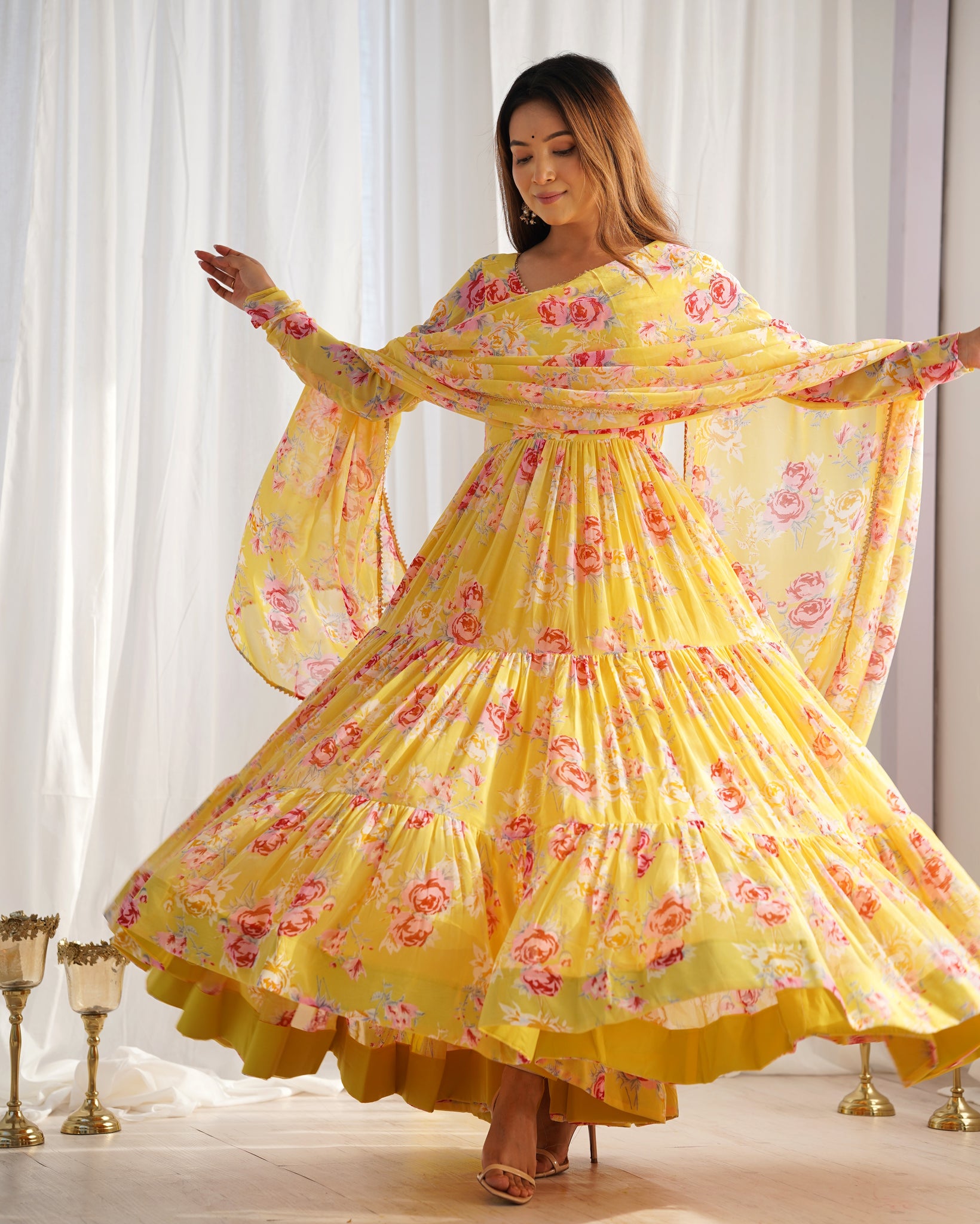 CANDY YELLOW FLORAL 3-LAYER GEORGETTE GOWN WITH DUPATTA