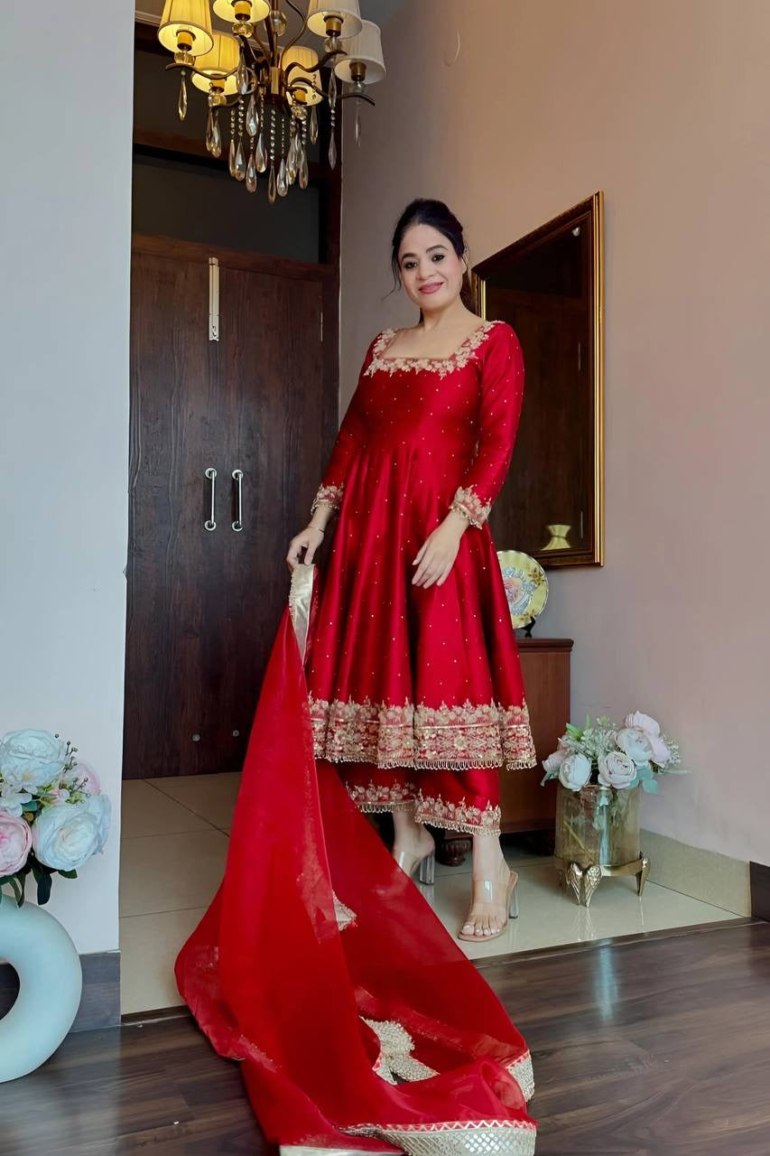 Fabulous Pink & Red Color Anarkali Suit Set Of 3