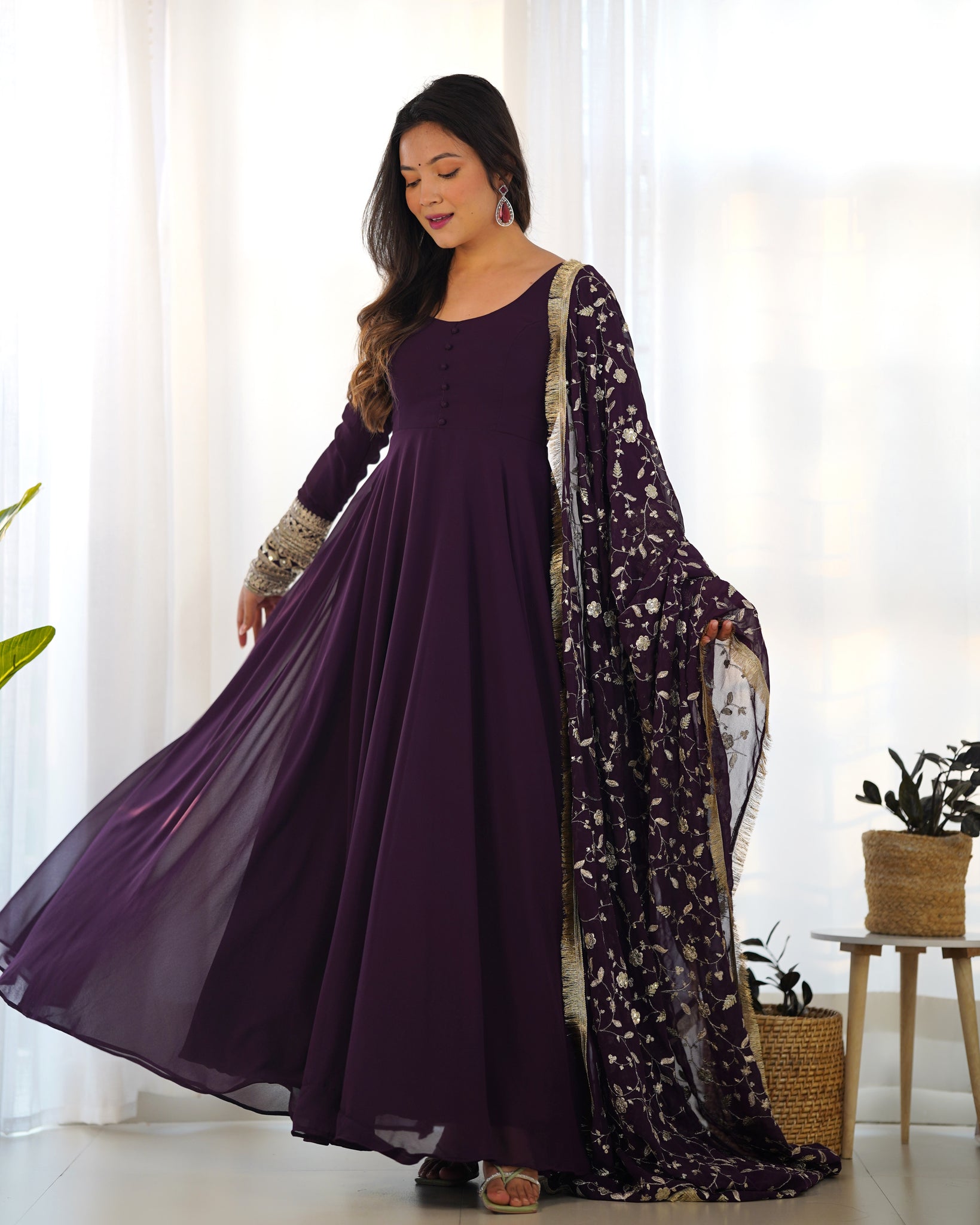 ELEGANT WINE GEORGETTE GOWN SET WITH DUPATTA - LUXURIOUS & CHIC