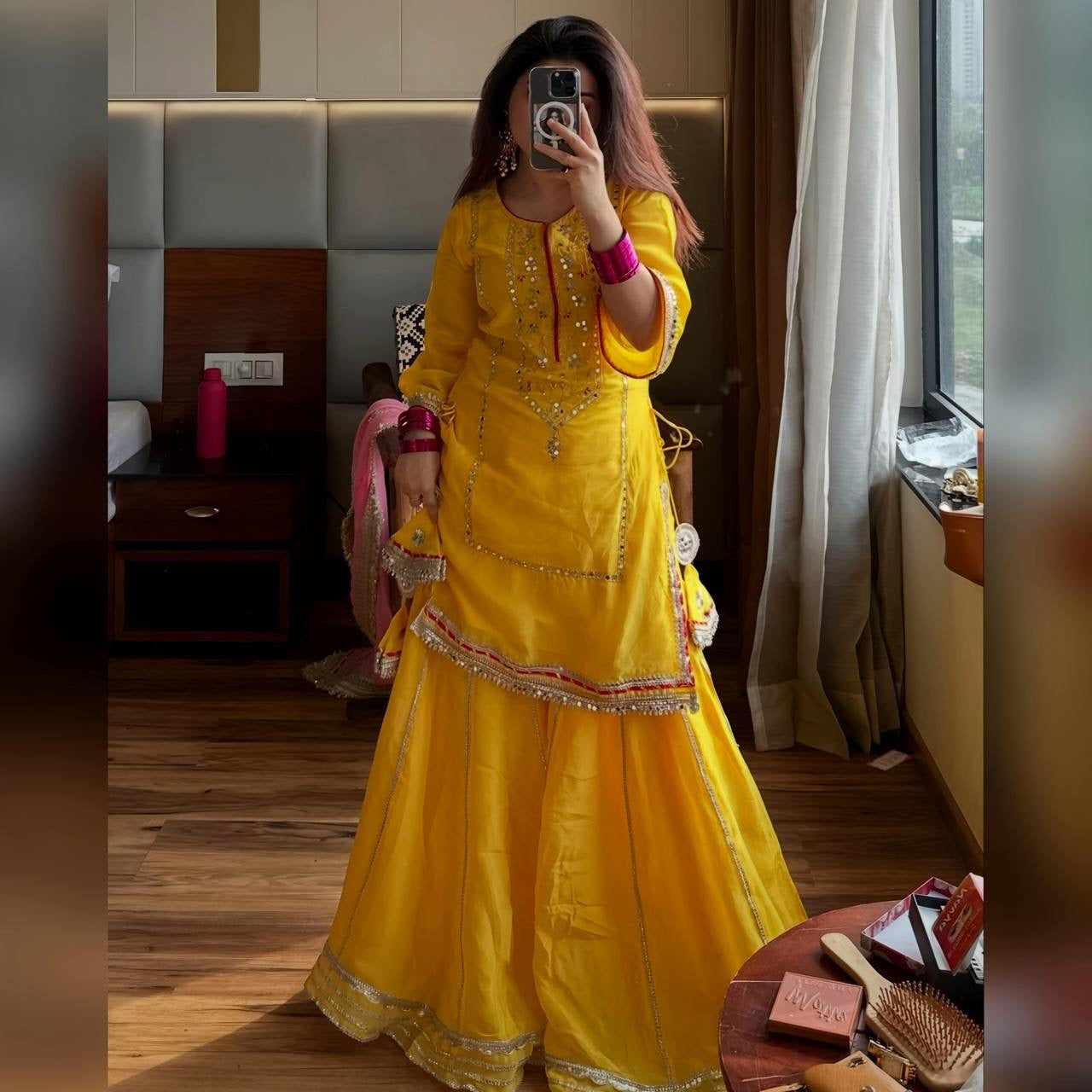 MOST TRENDING YELLOW COLOR EMBROIDERY SEQUENCE WORK SHARARA SUIT SET OF 3