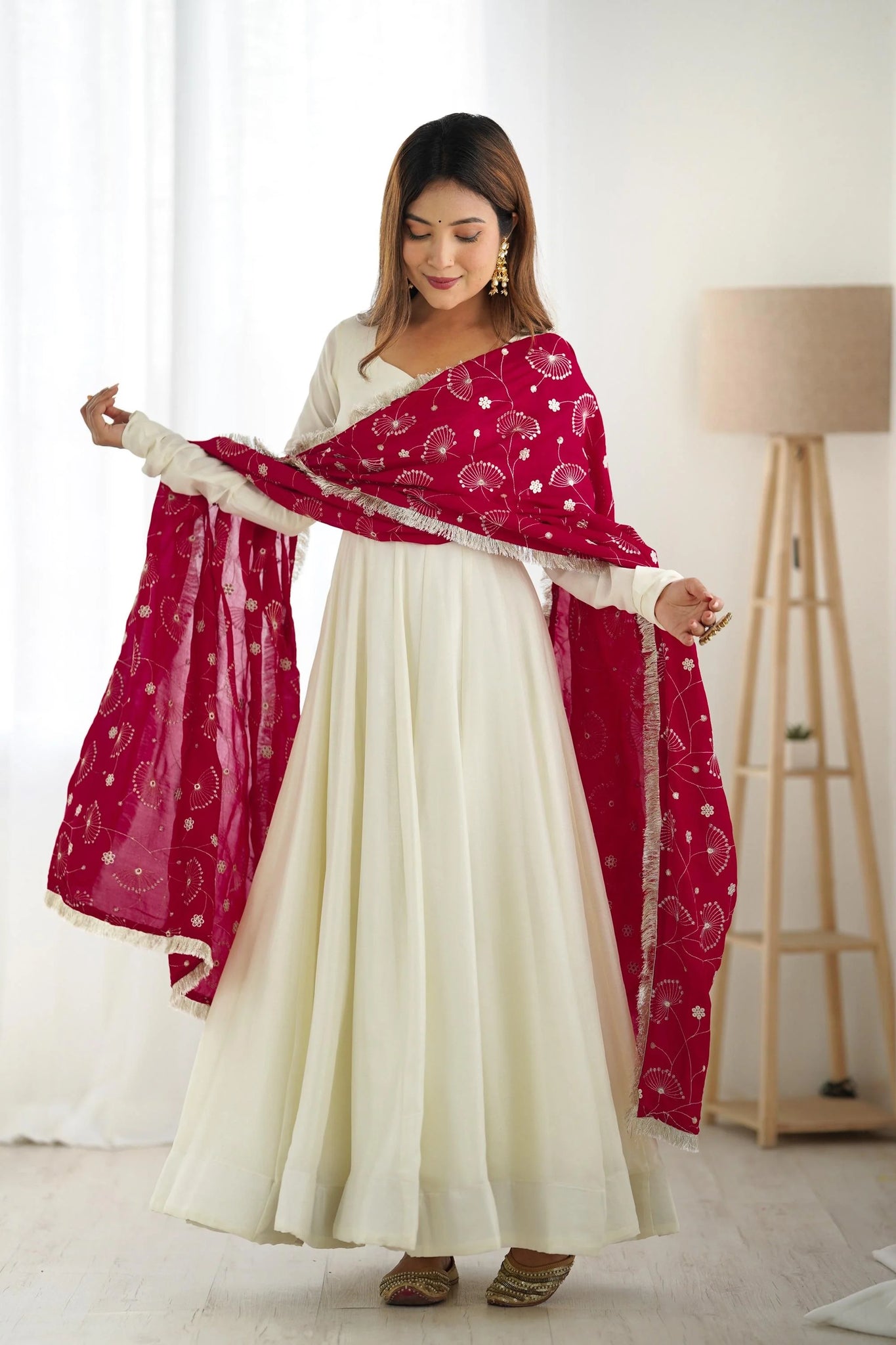 WHITE VICHITRA SILK ANARKALI SUIT WITH RANI PINK HEAVY DUPATTA