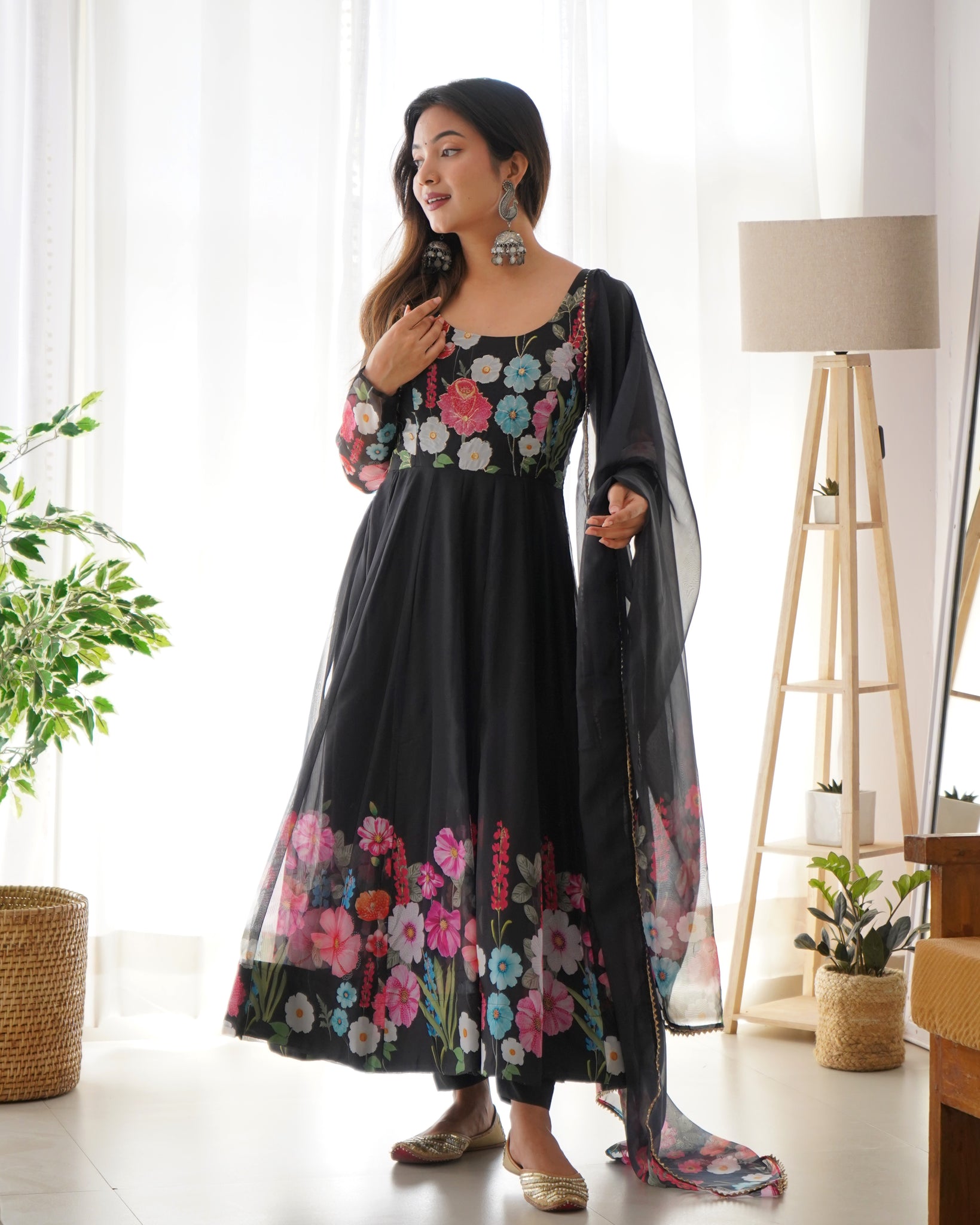 ELEGANT BLACK FLORAL PRINT ANARKALI WITH ZARI WORK AND DUPATTA - READY-TO-WEAR