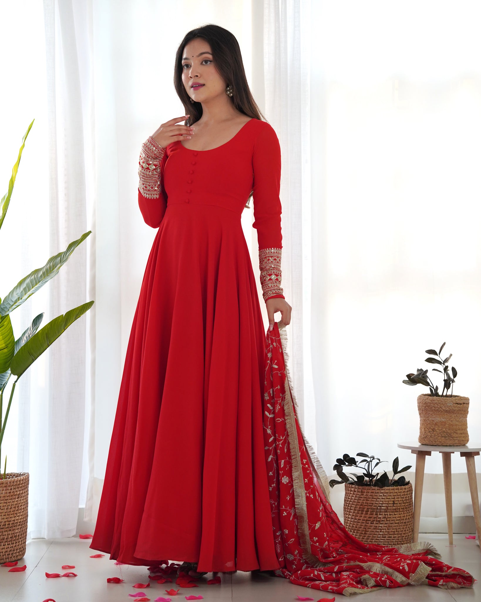 GOURGEOUS RED COLOR GEORGETTE GOWN FULL SET WITH EMBROIDERED DUPATTA