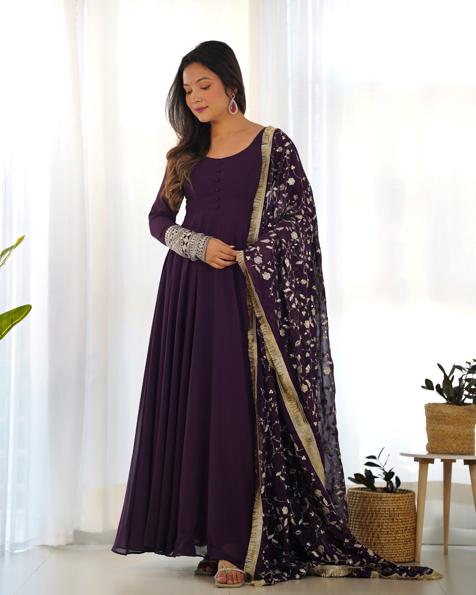 ELEGANT WINE GEORGETTE GOWN SET WITH DUPATTA - LUXURIOUS & CHIC