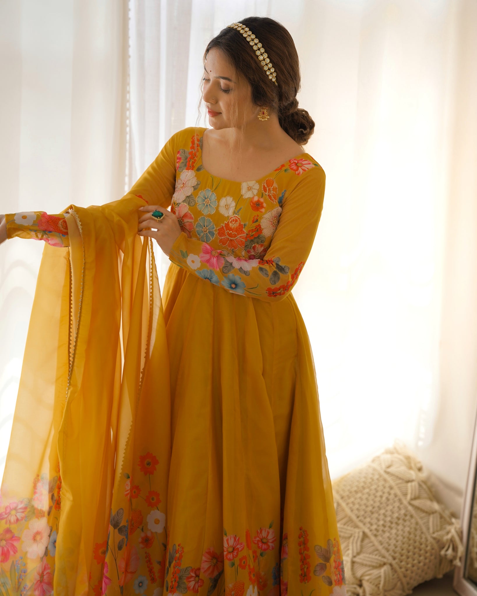 YELLOW FLORAL PRINT ORGANZA THREE PIECE ANARKALI SUIT