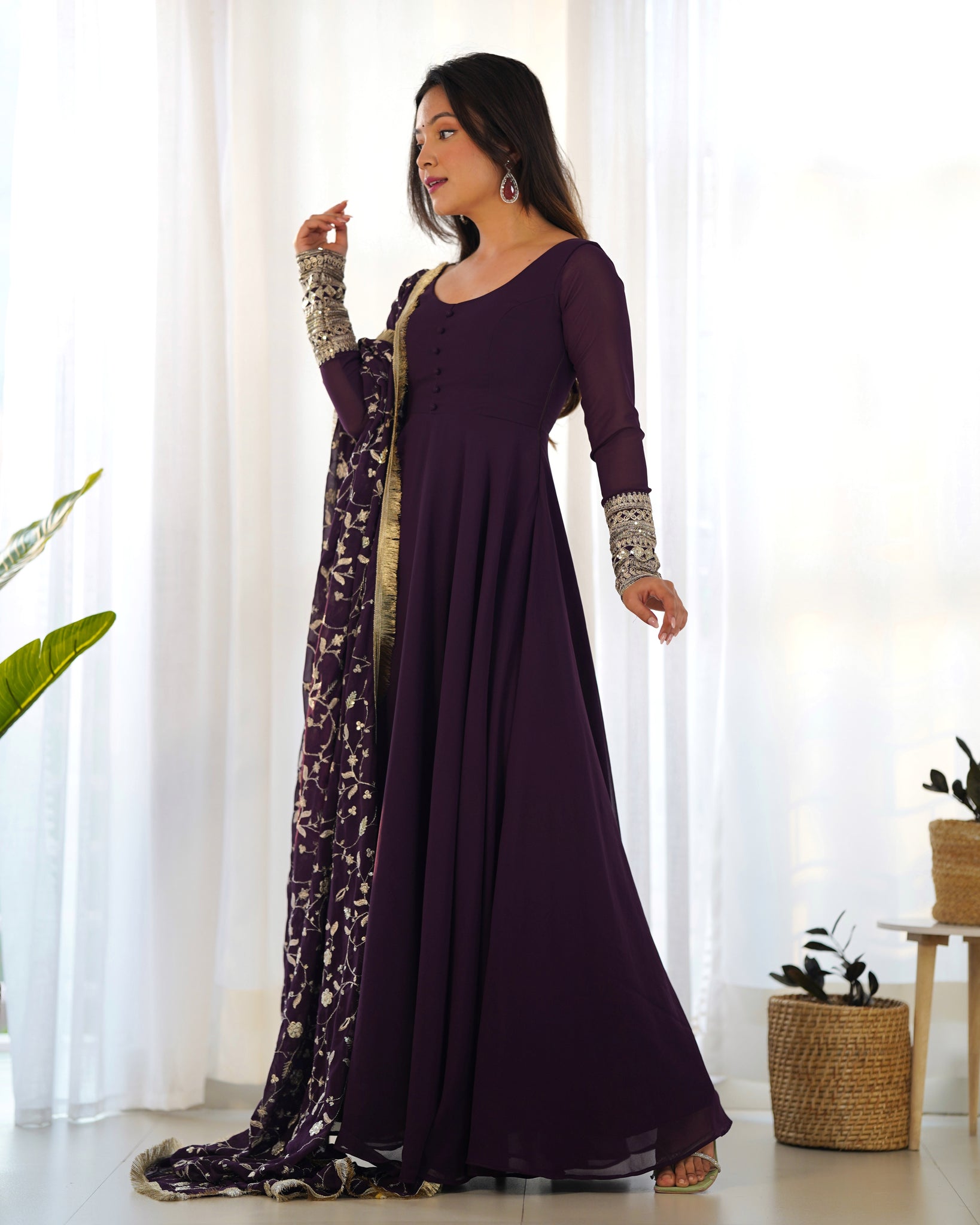 ELEGANT WINE GEORGETTE GOWN SET WITH DUPATTA - LUXURIOUS & CHIC