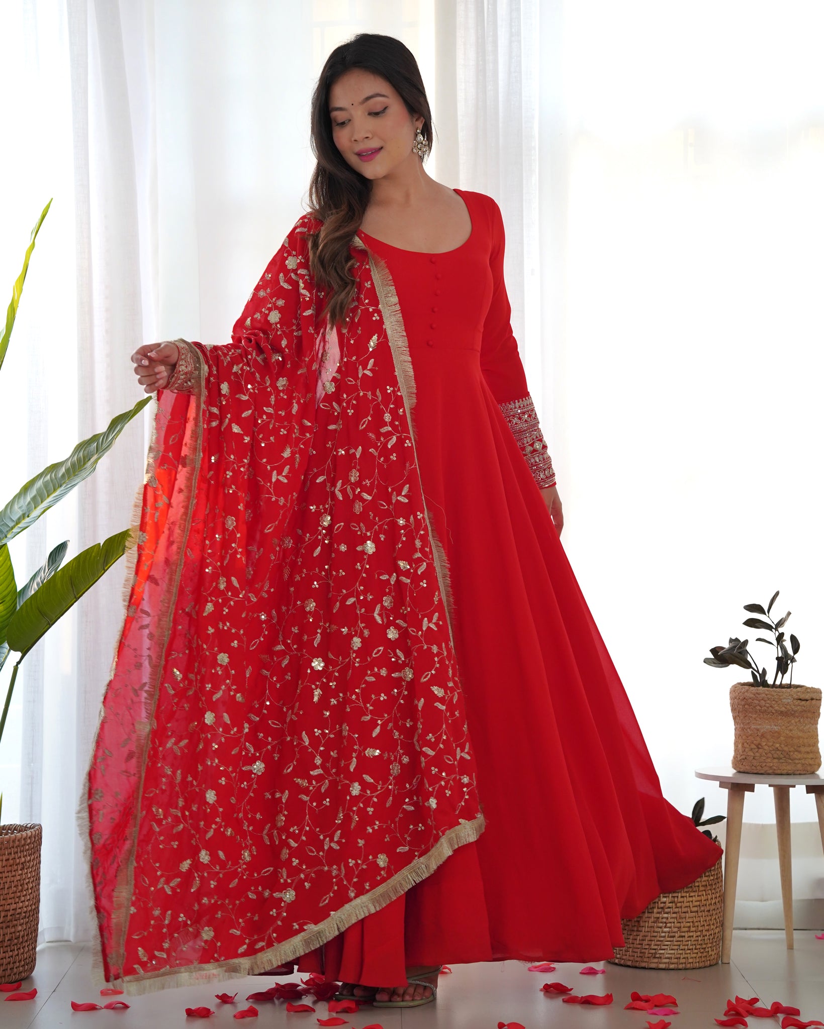 GOURGEOUS RED COLOR GEORGETTE GOWN FULL SET WITH EMBROIDERED DUPATTA