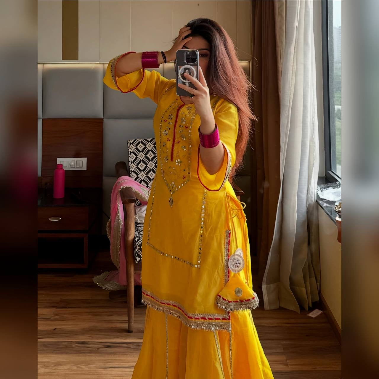 MOST TRENDING YELLOW COLOR EMBROIDERY SEQUENCE WORK SHARARA SUIT SET OF 3