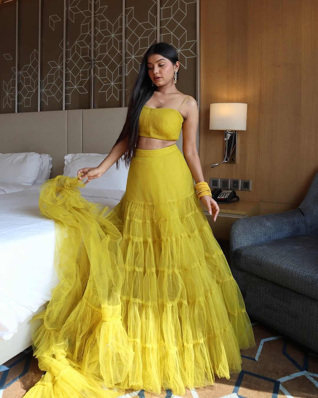 Yellow Ruffle Lehenga Choli in Soft Net with Full Flair and Dupatta