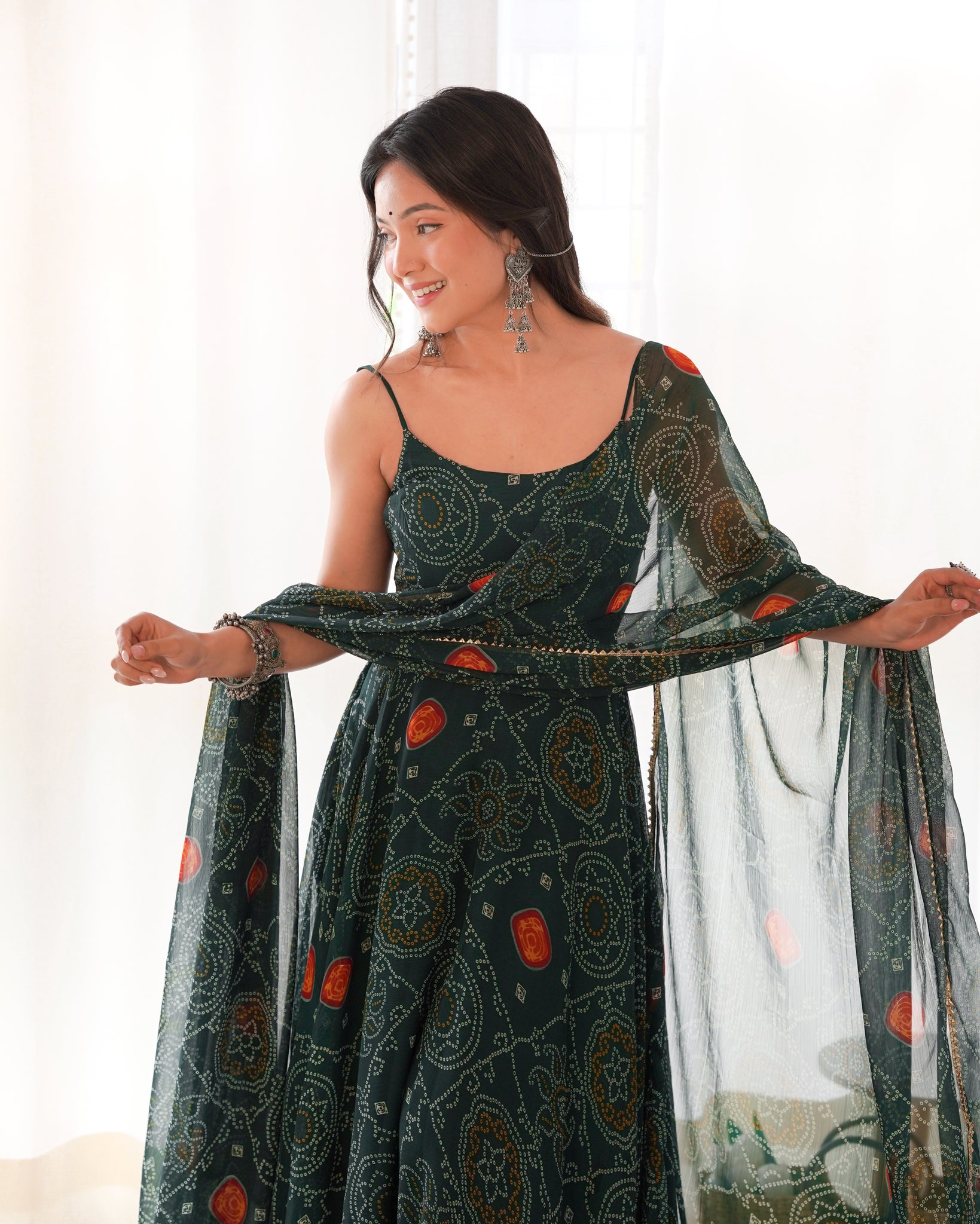 GREEN BANDHEJ PRINT CHIFFON GOWN WITH DUPATTA - LIGHTWEIGHT & FLOWY