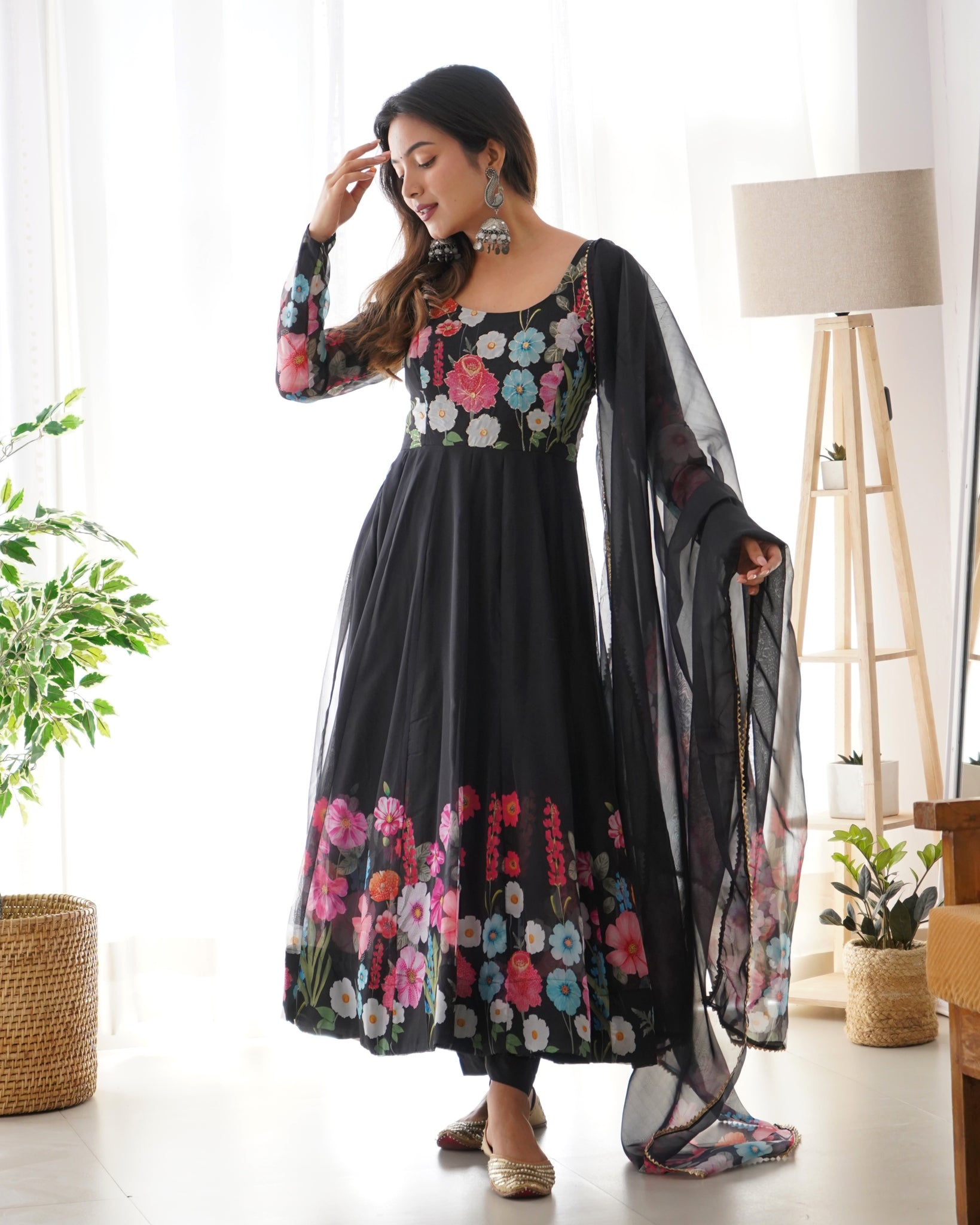 ELEGANT BLACK FLORAL PRINT ANARKALI WITH ZARI WORK AND DUPATTA - READY-TO-WEAR