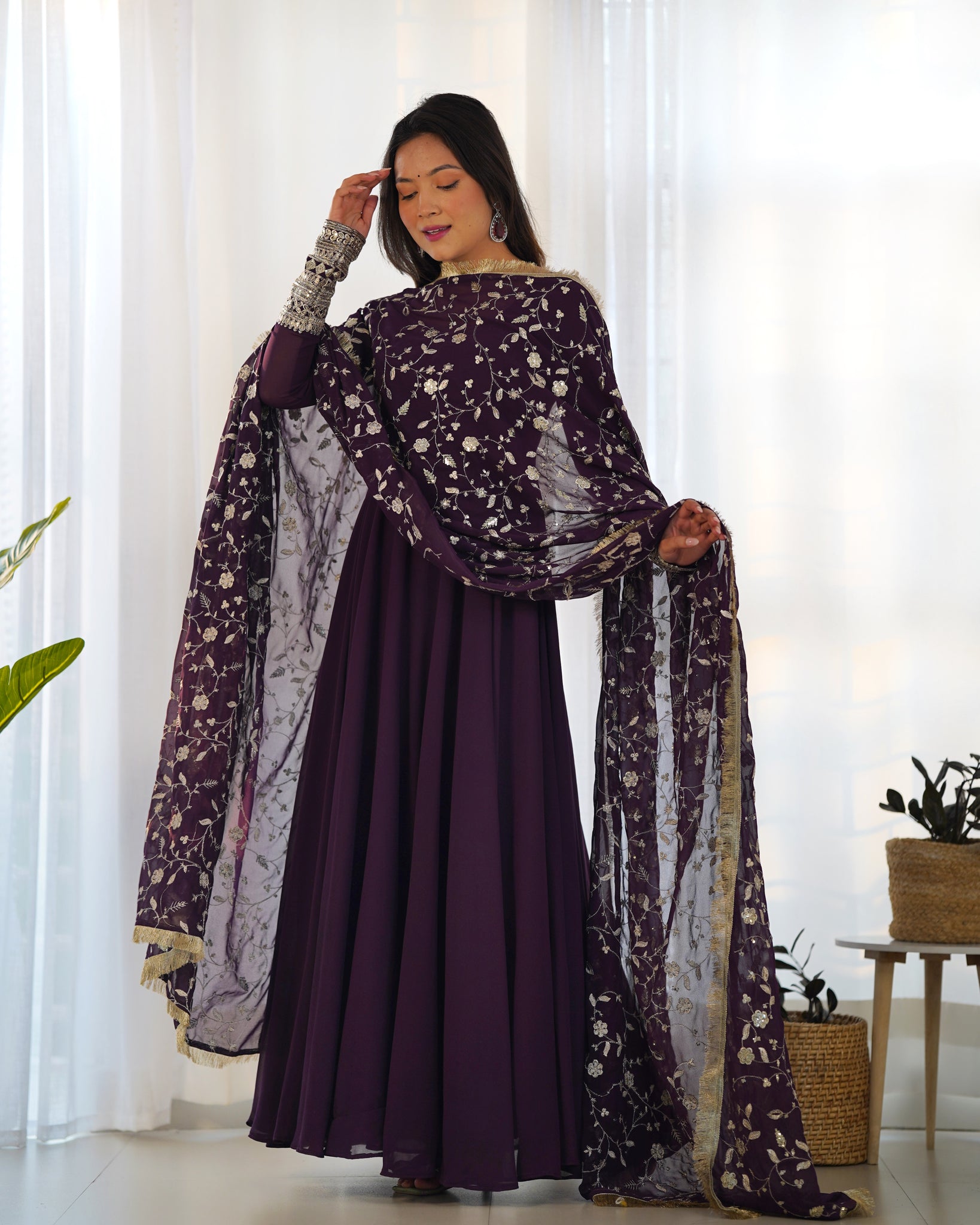 ELEGANT WINE GEORGETTE GOWN SET WITH DUPATTA - LUXURIOUS & CHIC