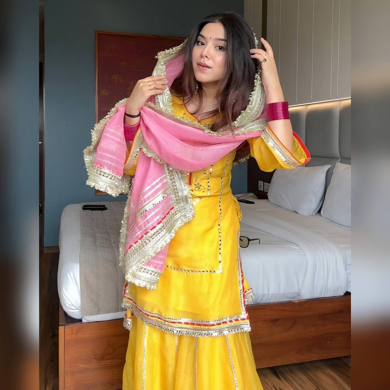 MOST TRENDING YELLOW COLOR EMBROIDERY SEQUENCE WORK SHARARA SUIT SET OF 3