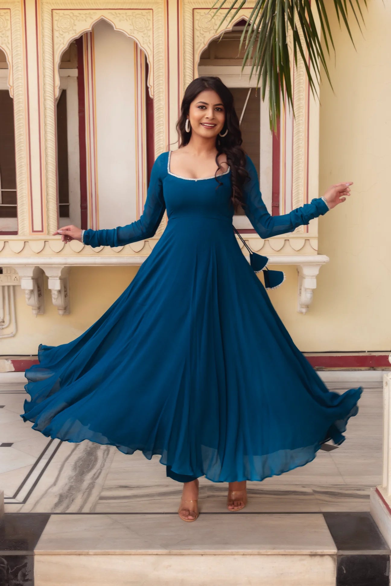 EYE CATCHING REGAL BLUE GEORGETTE BASE ANARKALI SUIT SET OF 3