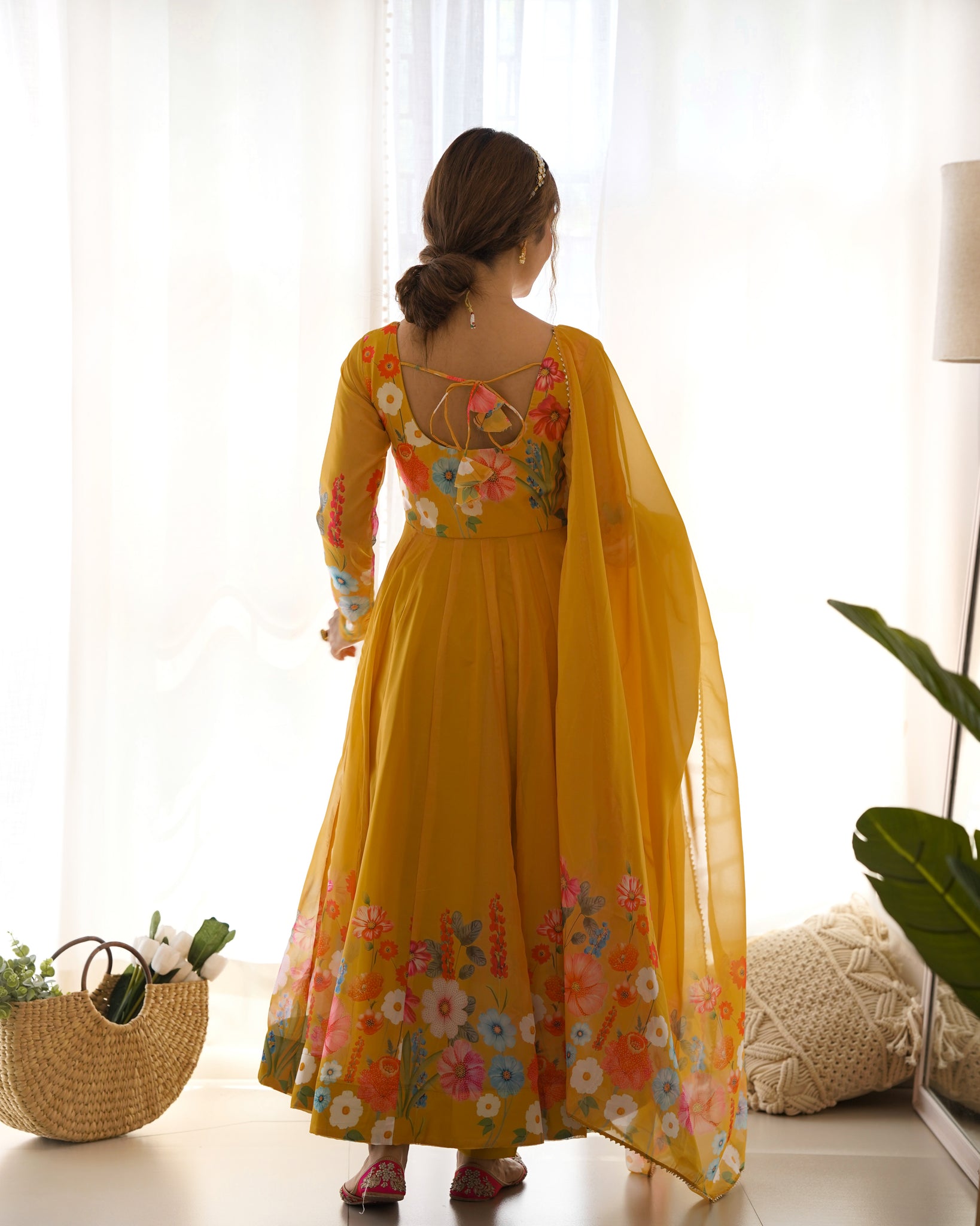 YELLOW FLORAL PRINT ORGANZA THREE PIECE ANARKALI SUIT