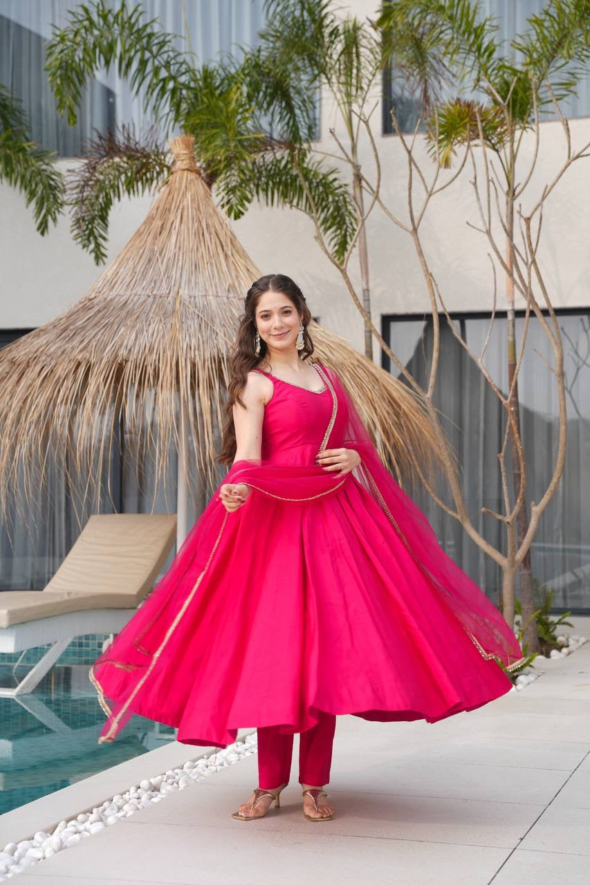 RANI PINK COLOR CHANDERI PURE ROMAN SILK ANARKALI SUIT