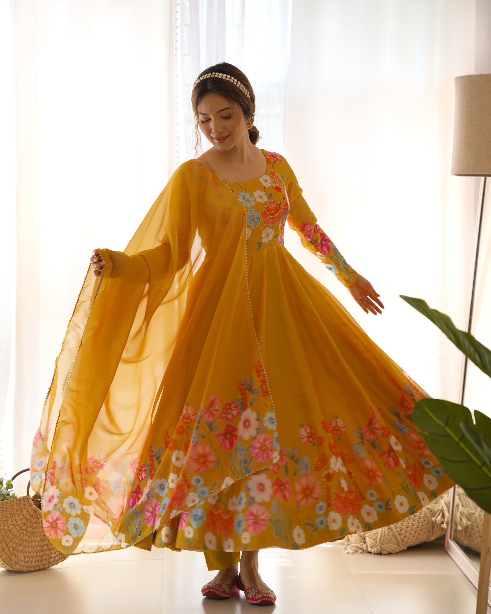 YELLOW FLORAL PRINT ORGANZA THREE PIECE ANARKALI SUIT