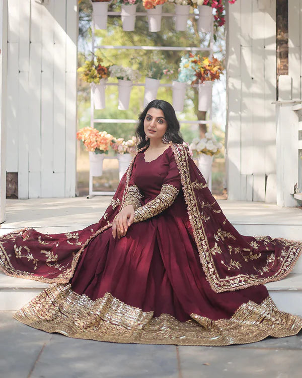 DARK MAROON COLOR VICHITRA SHIMMER SEQUENCE EMBROIDERED BRIDAL GOWNWITH DUPATTA