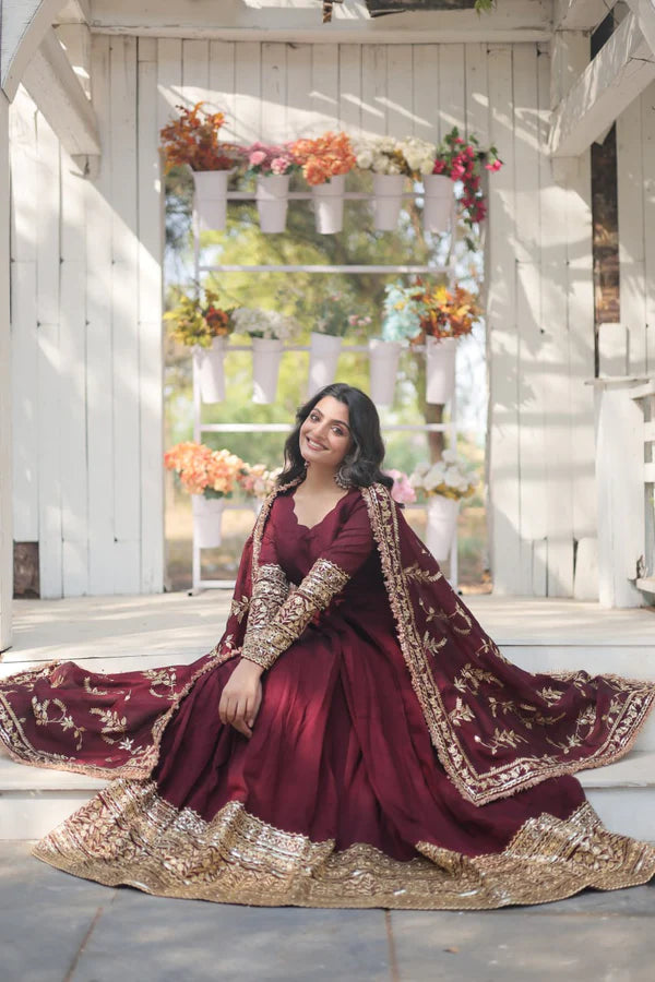 DARK MAROON COLOR VICHITRA SHIMMER SEQUENCE EMBROIDERED BRIDAL GOWNWITH DUPATTA