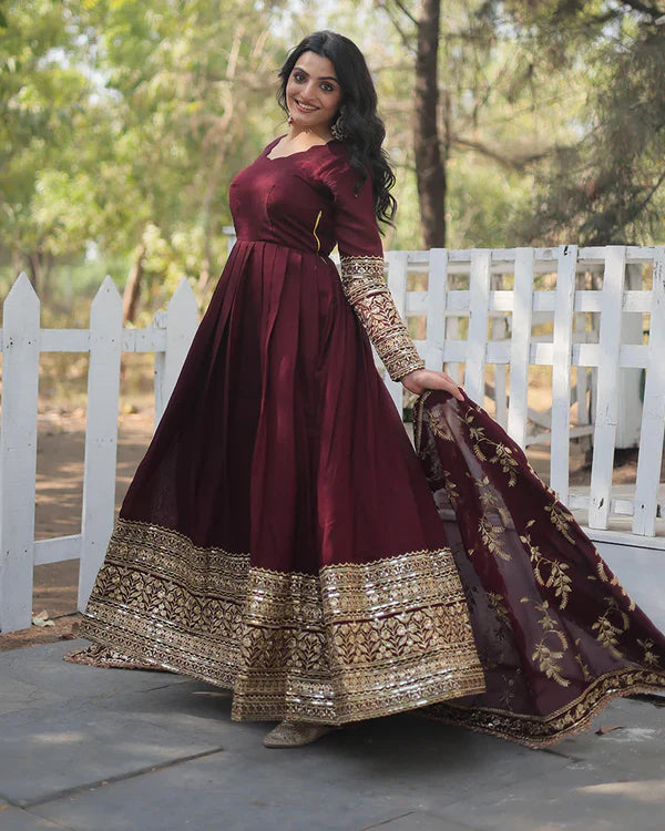 DARK MAROON COLOR VICHITRA SHIMMER SEQUENCE EMBROIDERED BRIDAL GOWNWITH DUPATTA