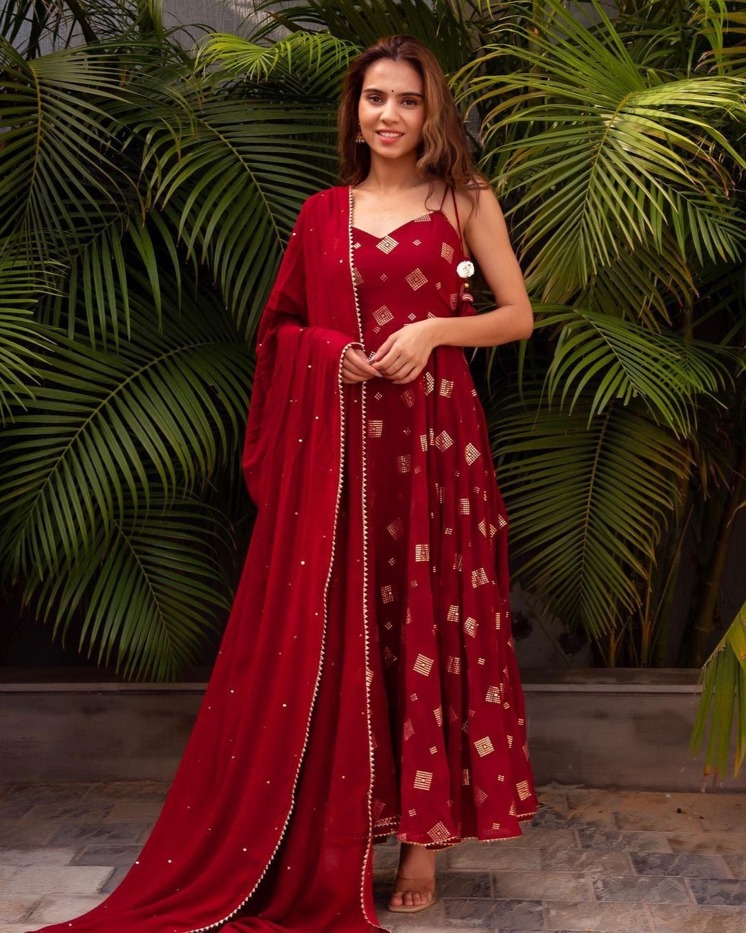 Delightful Red Georgette Base Designer Anarkali Suit With Duppata Set Of 2