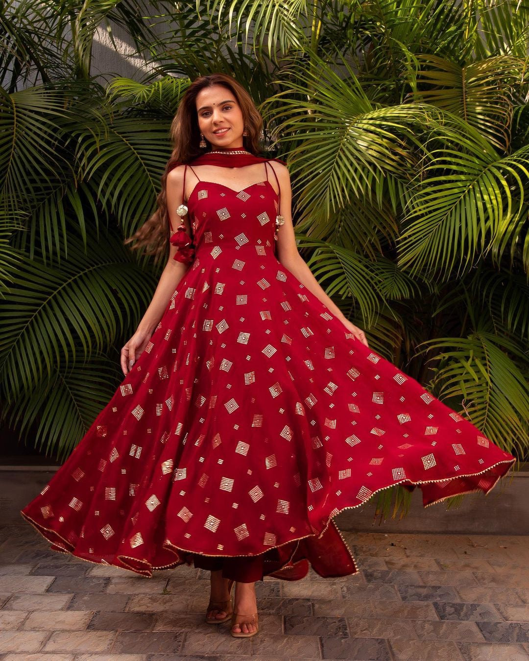 Delightful Red Georgette Base Designer Anarkali Suit With Duppata Set Of 2