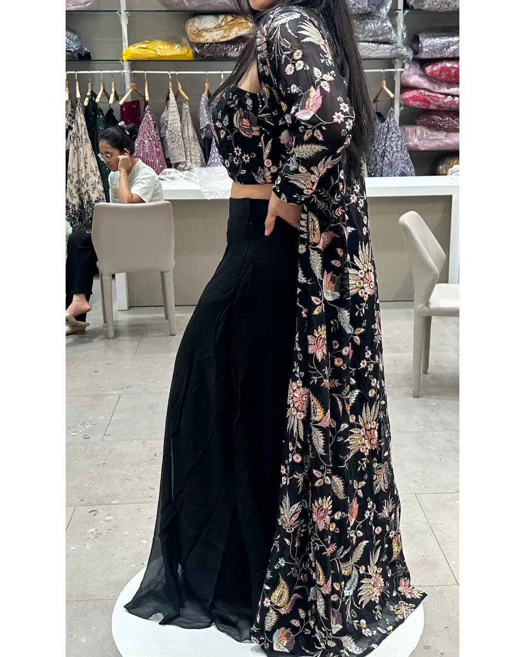 Black embroidery palazzo set with crop top and jacket, 3 piece long dress
