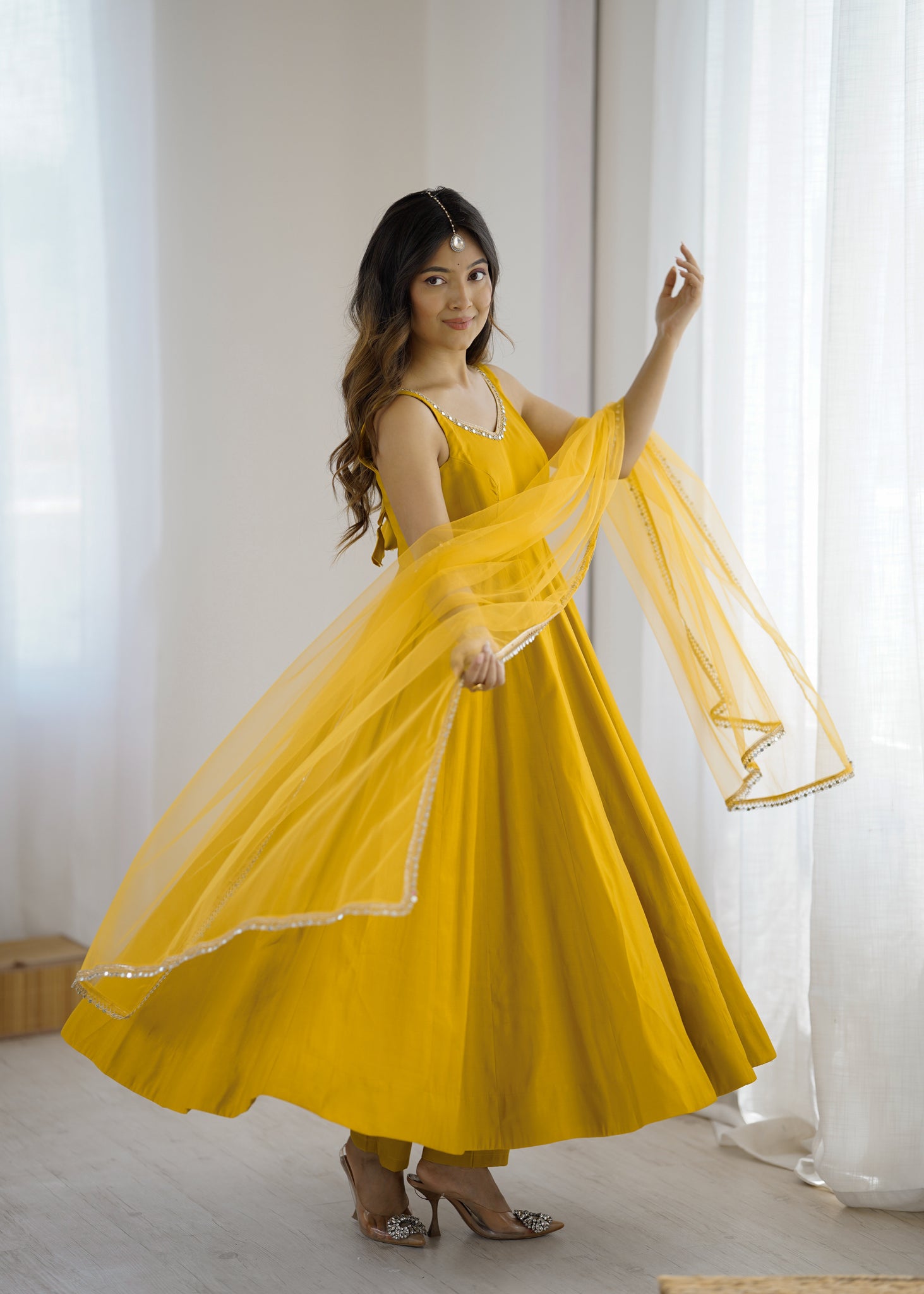 YELLOW ROMAN SILK ANARKALI SUIT SET