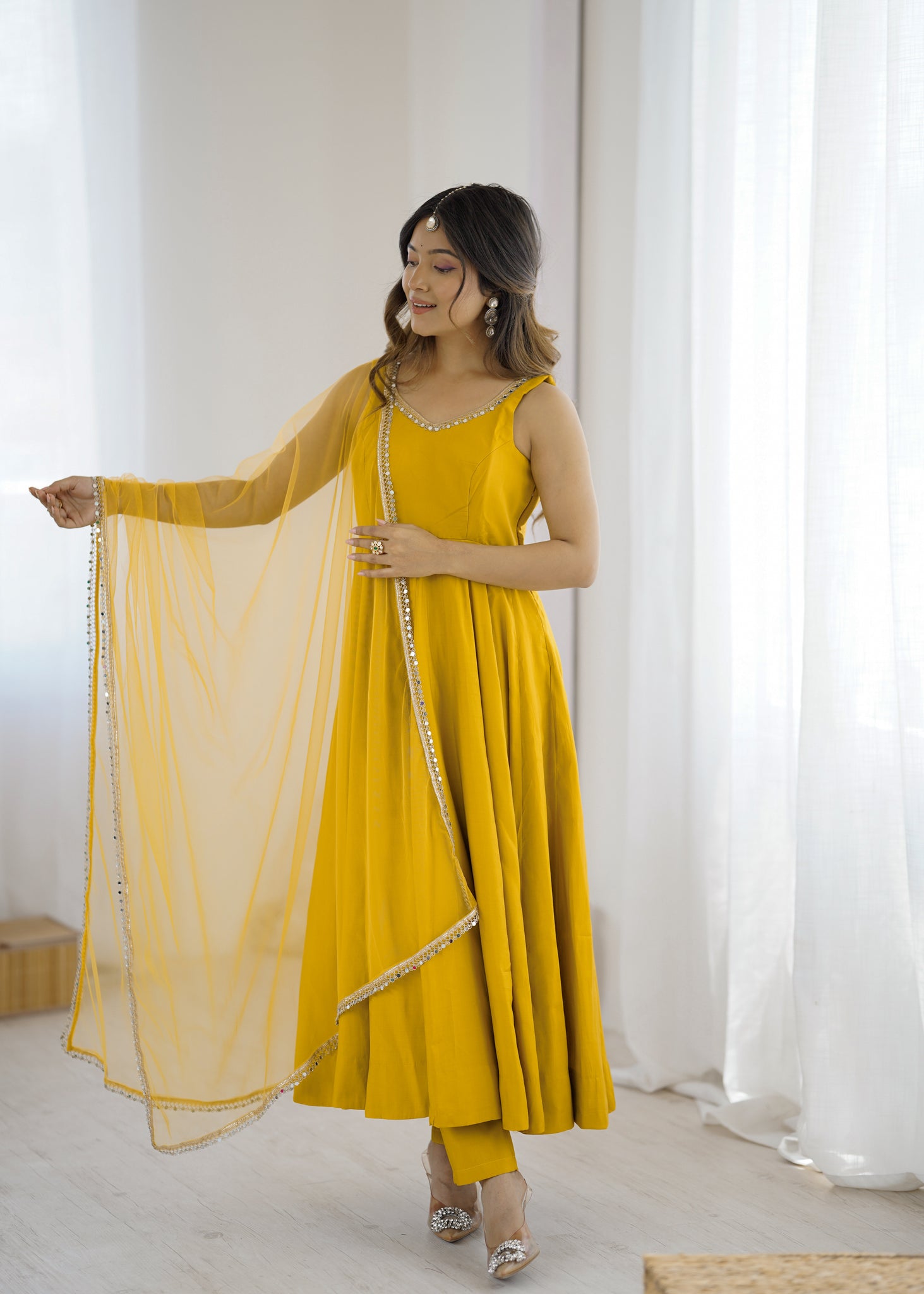 YELLOW ROMAN SILK ANARKALI SUIT SET