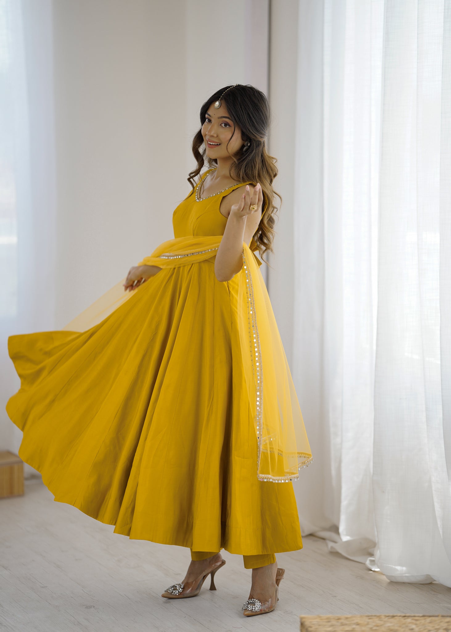 YELLOW ROMAN SILK ANARKALI SUIT SET