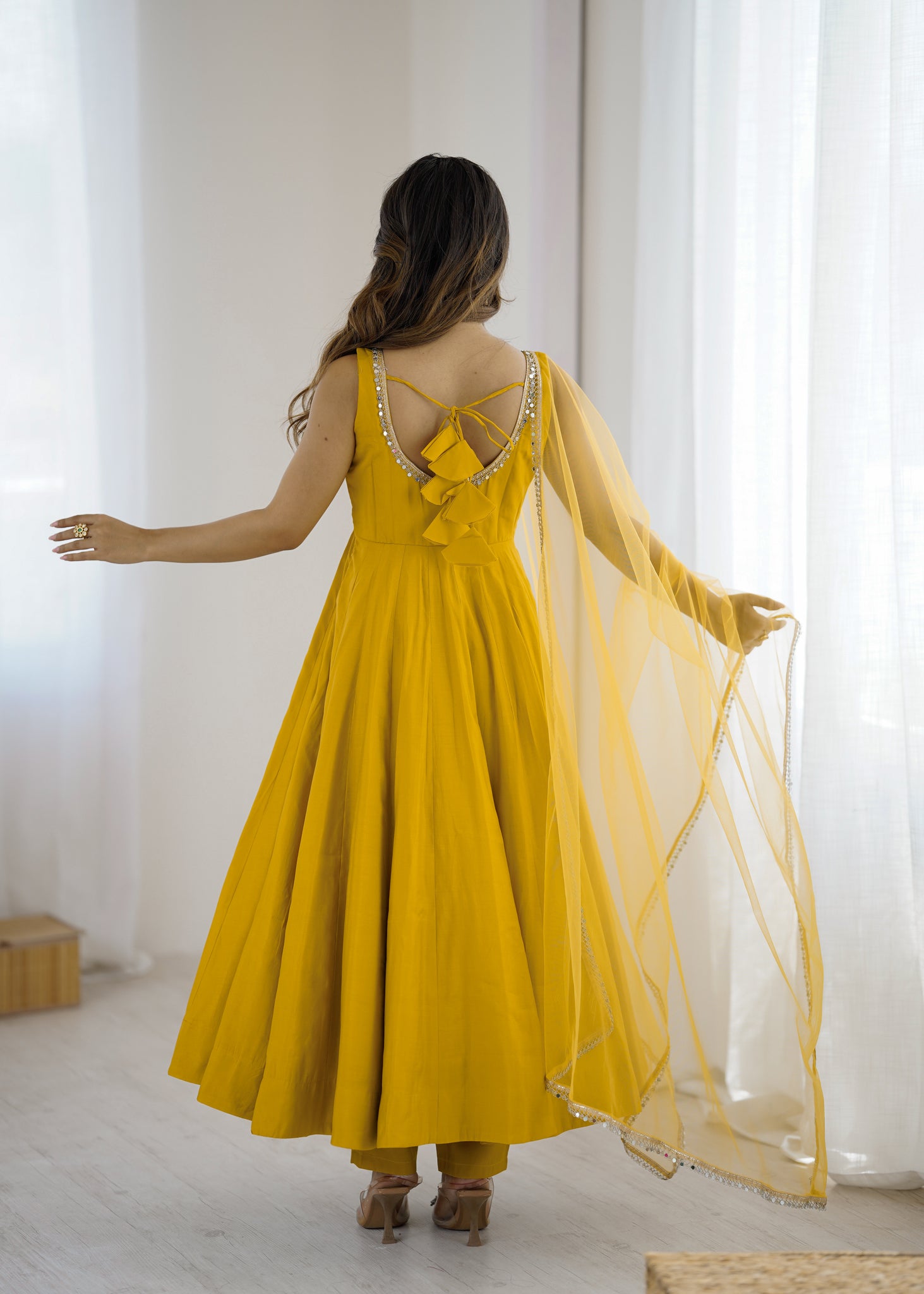 YELLOW ROMAN SILK ANARKALI SUIT SET