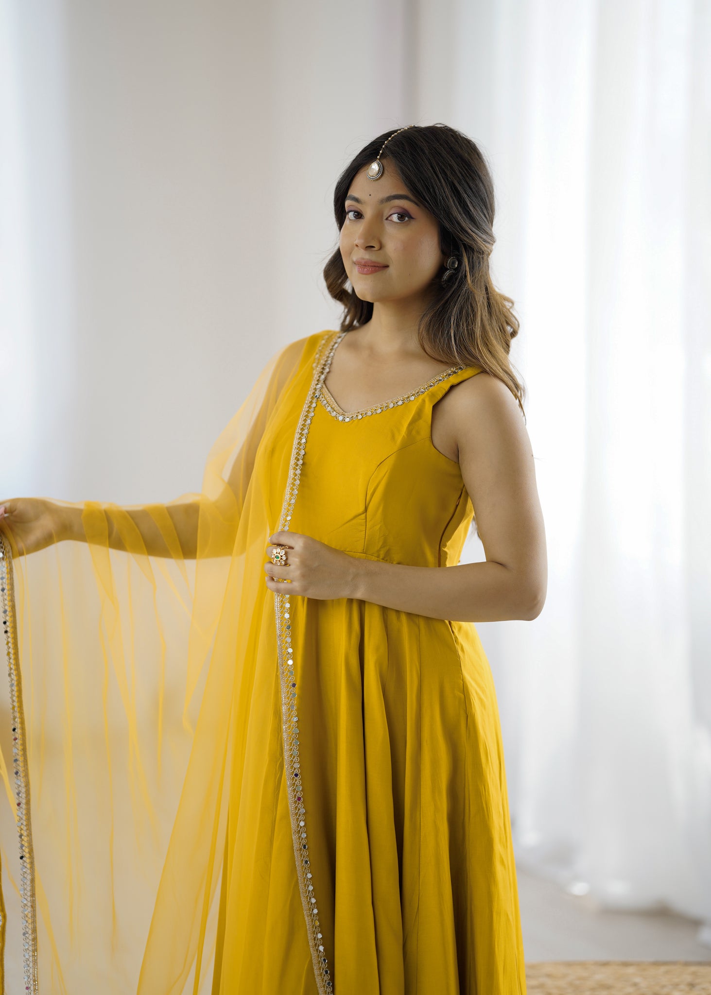 YELLOW ROMAN SILK ANARKALI SUIT SET