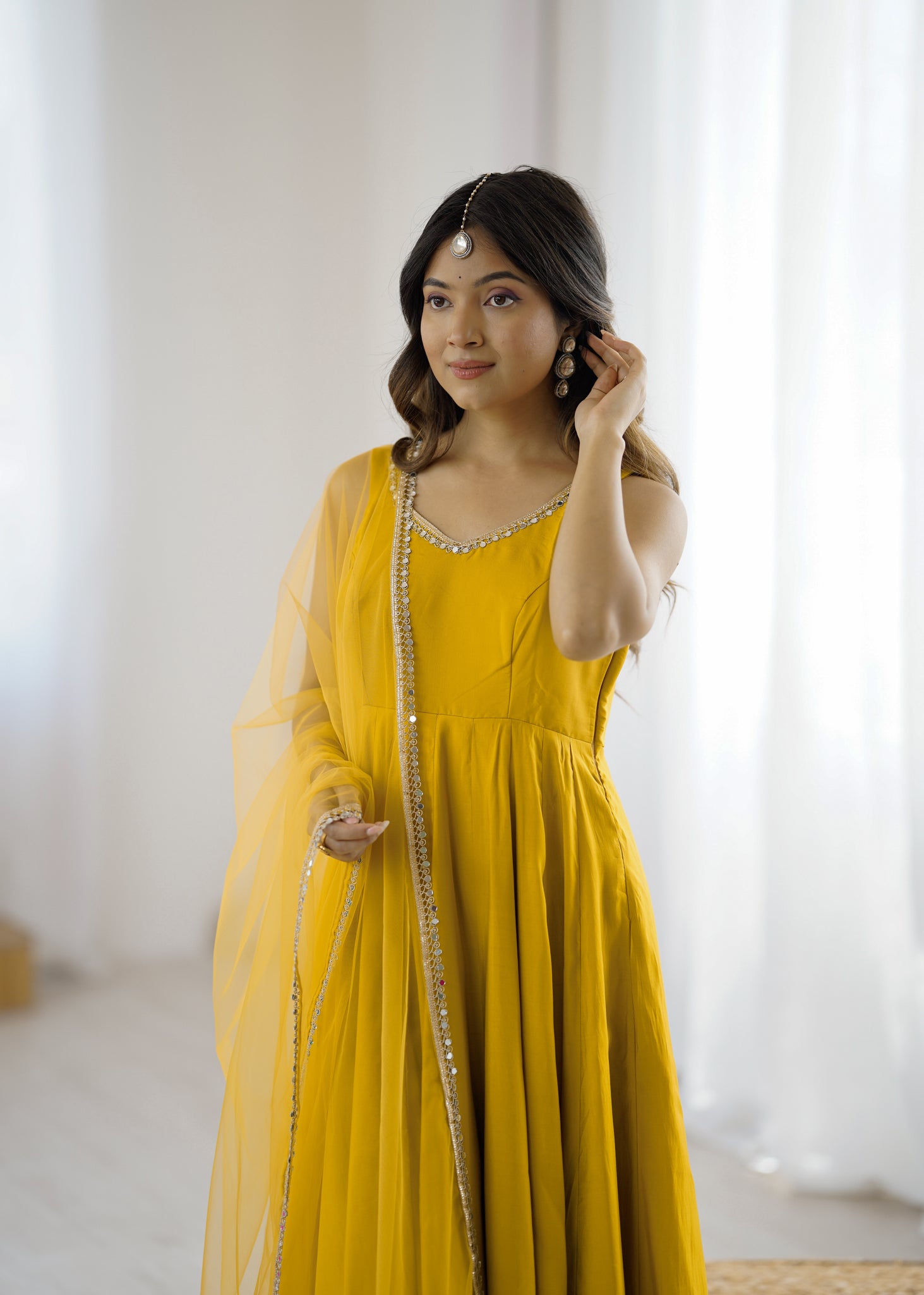 YELLOW ROMAN SILK ANARKALI SUIT SET