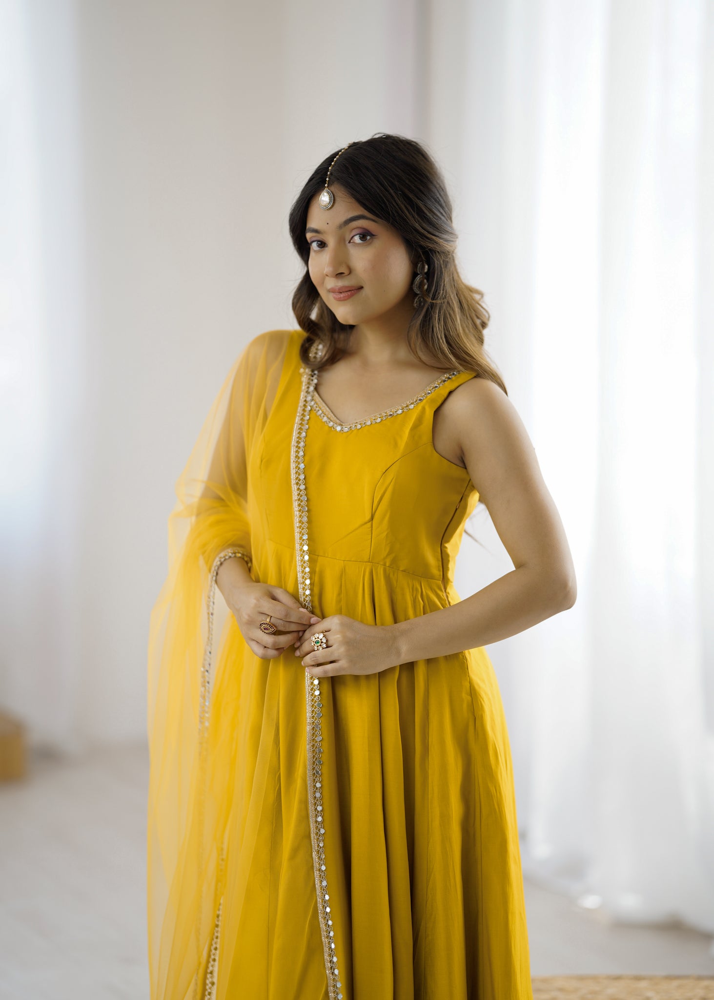 YELLOW ROMAN SILK ANARKALI SUIT SET