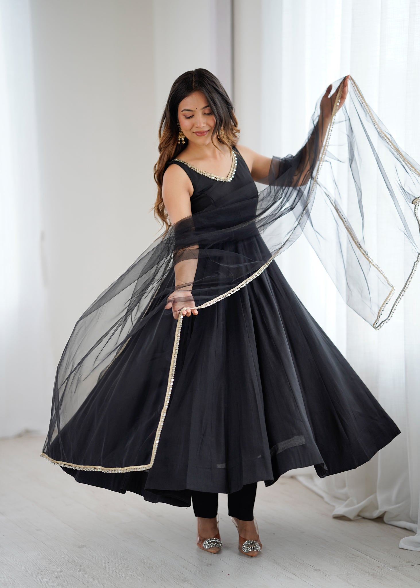 BLACK ROMAN SILK ANARKALI SUIT SET