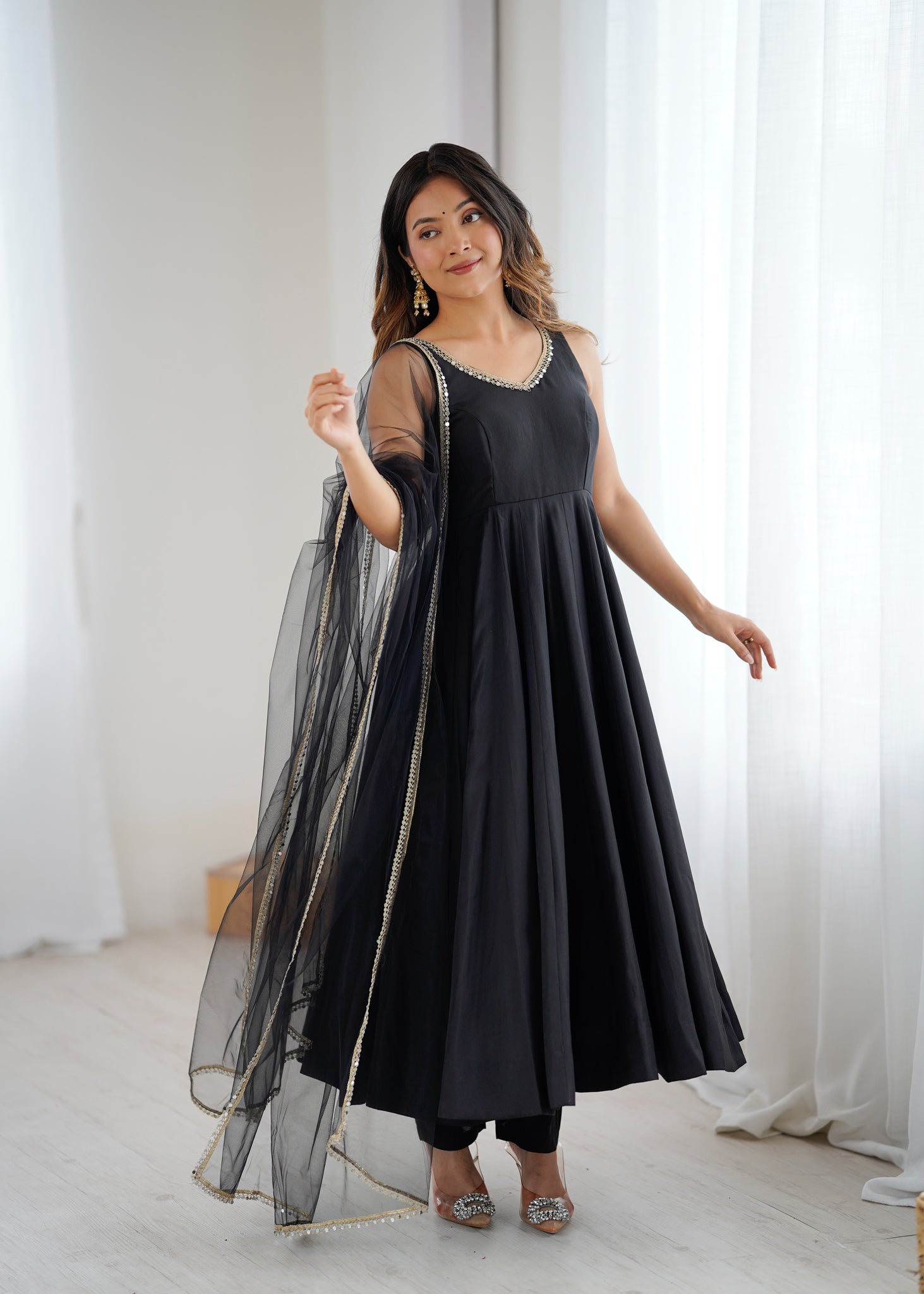 BLACK ROMAN SILK ANARKALI SUIT SET