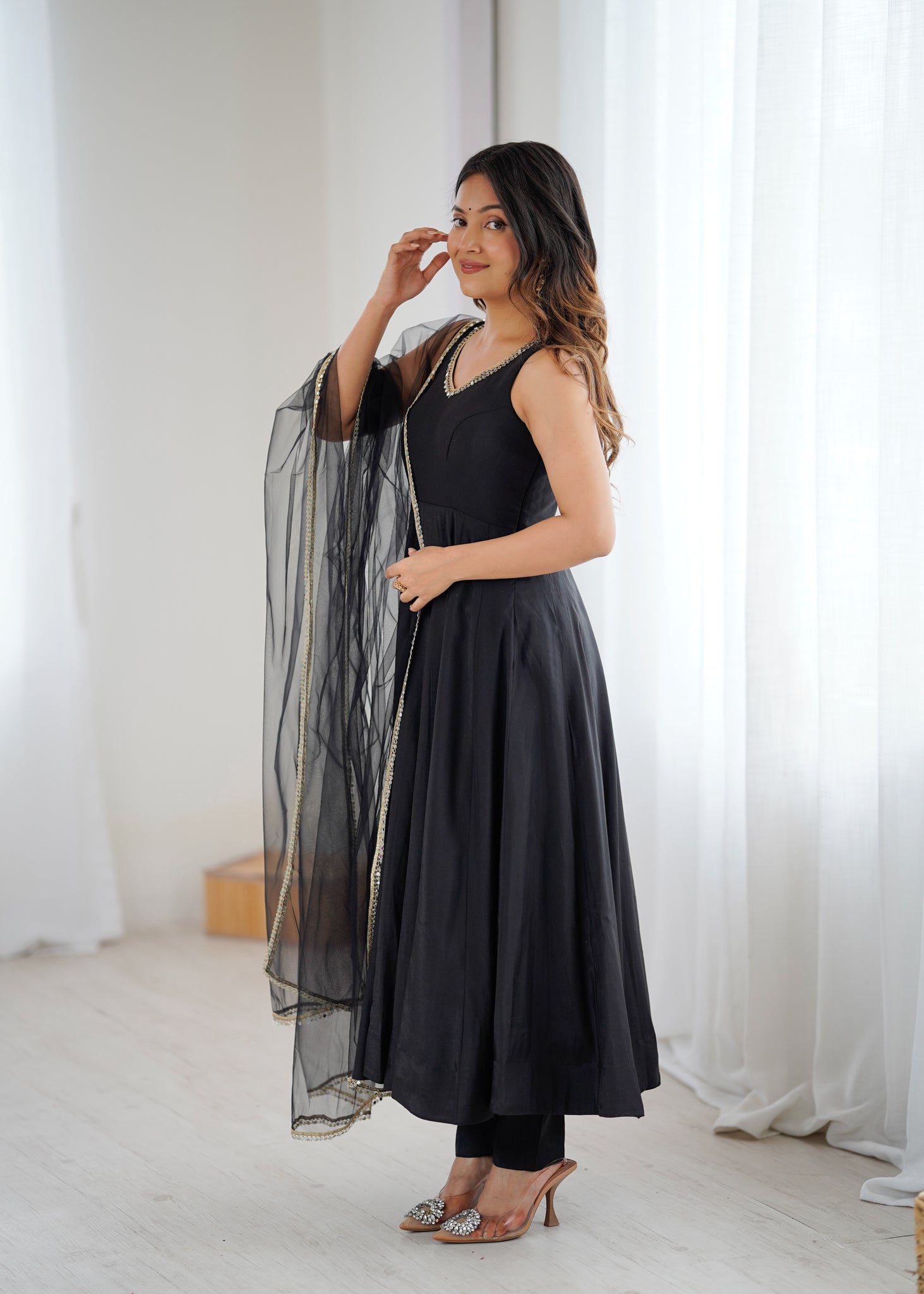 BLACK ROMAN SILK ANARKALI SUIT SET
