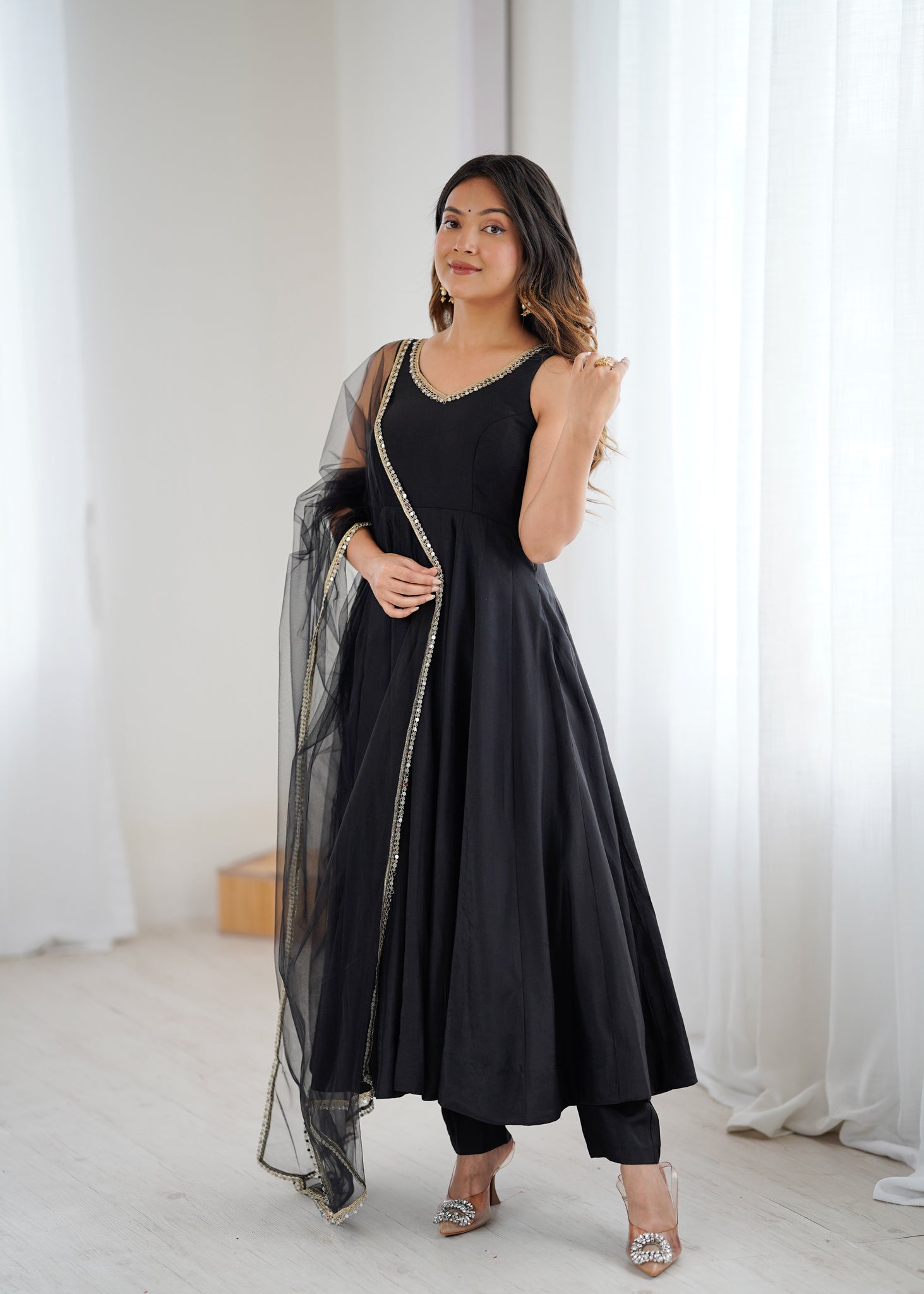 BLACK ROMAN SILK ANARKALI SUIT SET