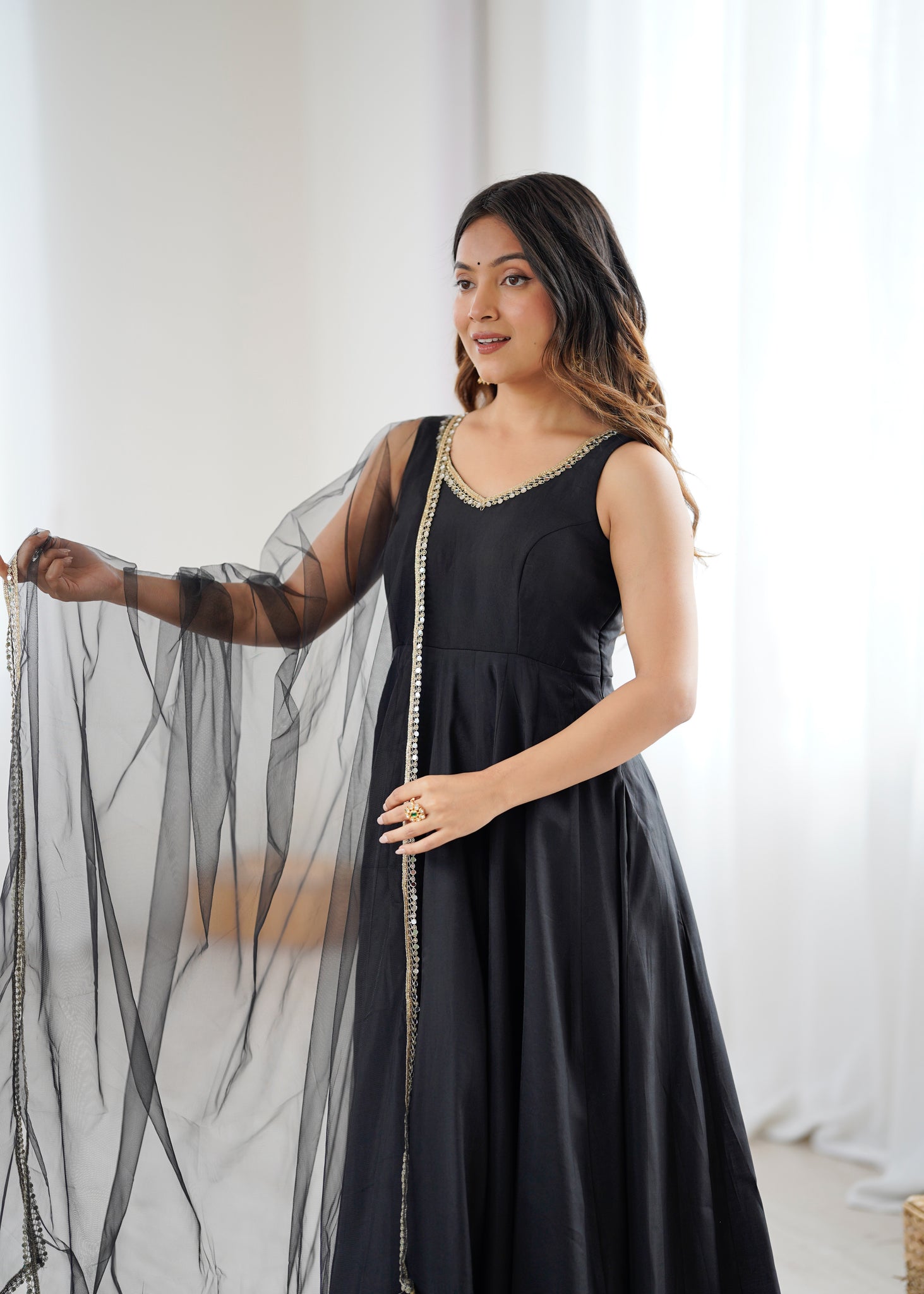 BLACK ROMAN SILK ANARKALI SUIT SET
