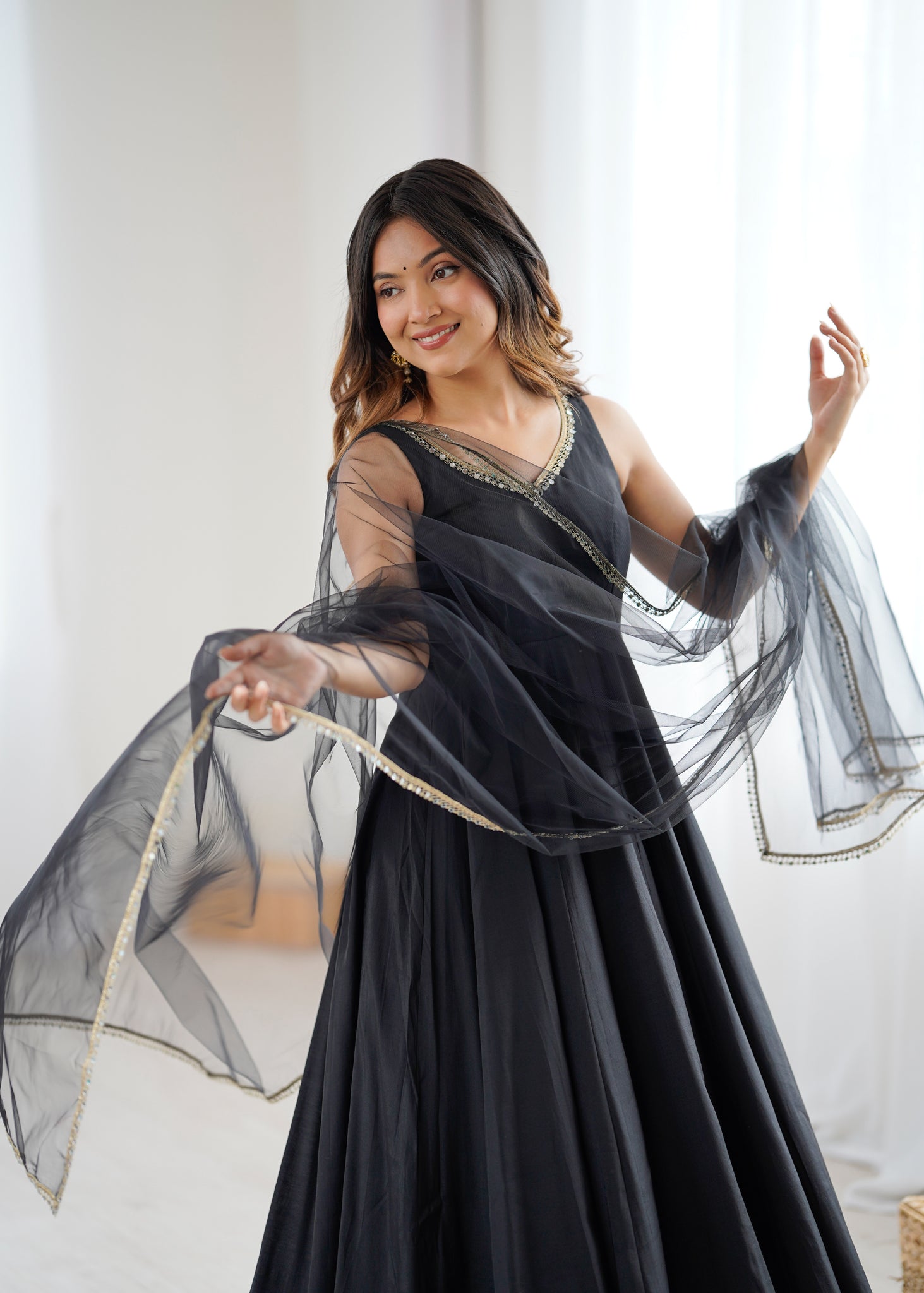 BLACK ROMAN SILK ANARKALI SUIT SET