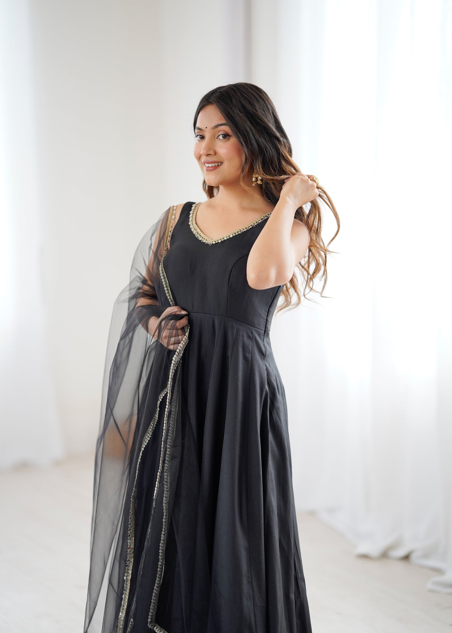 BLACK ROMAN SILK ANARKALI SUIT SET