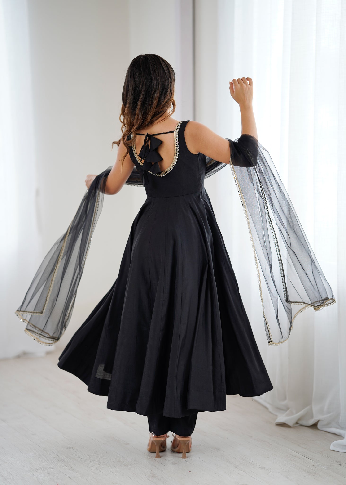 BLACK ROMAN SILK ANARKALI SUIT SET
