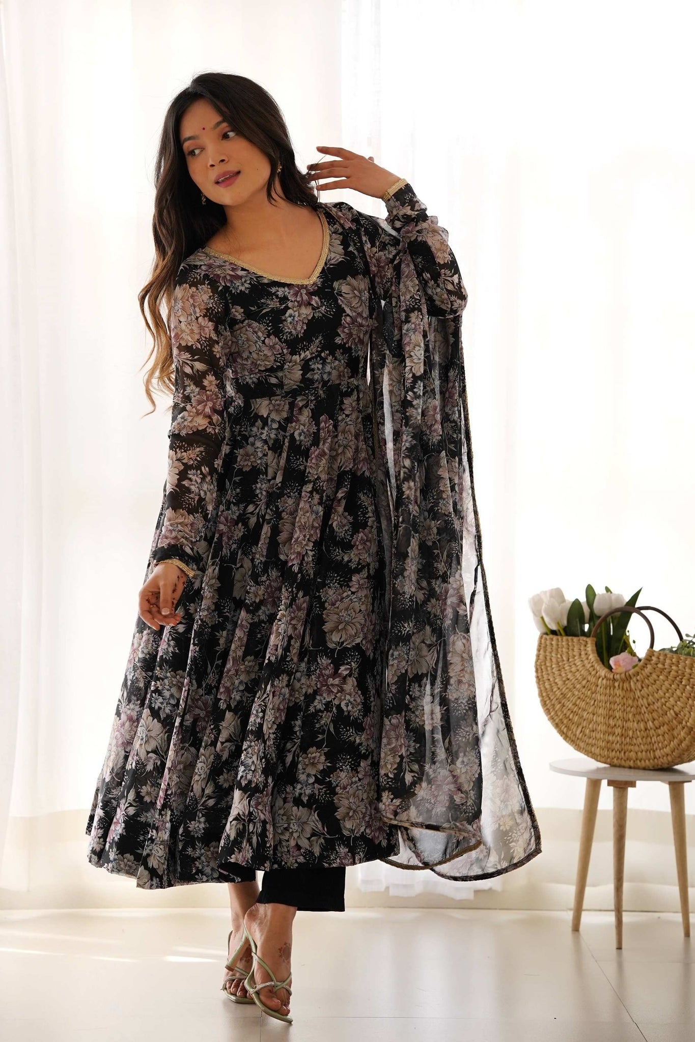  Black Georgette Floral Print Anarkali Suit Set