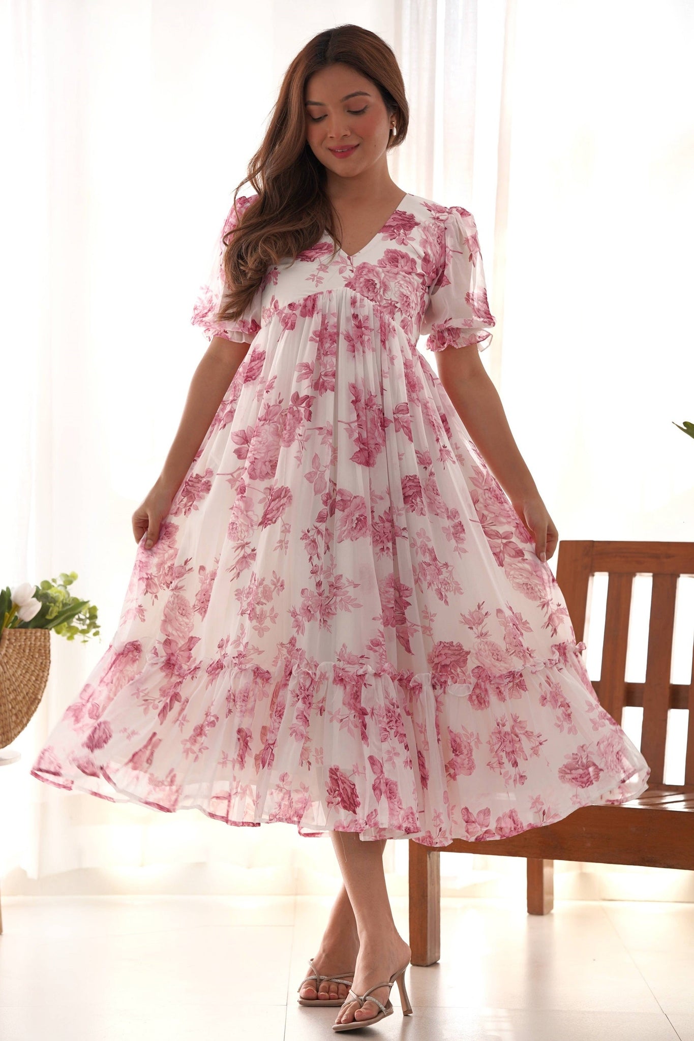ELEGANT WHITE SOFT GEORGETTE ONE-PIECE DRESS WITH WINE FLORAL PRINT