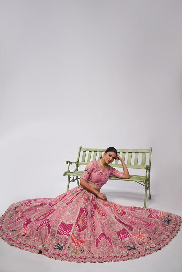 PRETTY PINK SILK INTRICATE PAISLEY MOTIFS TRADITIONAL EMBROIDERED WEDDING LEHENGA