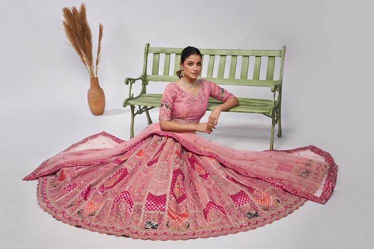 PRETTY PINK SILK INTRICATE PAISLEY MOTIFS TRADITIONAL EMBROIDERED WEDDING LEHENGA